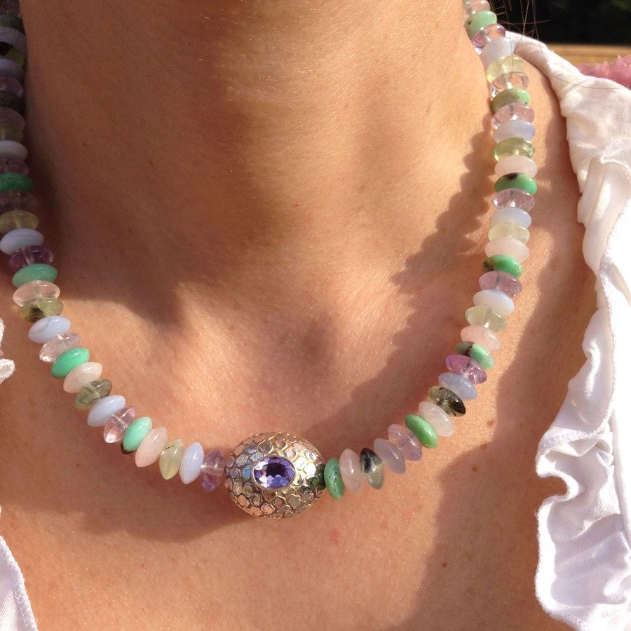 Chrysopras-Amethyst-Prehnit-Rosenquarz-Amethyst-Calzedon-Kette