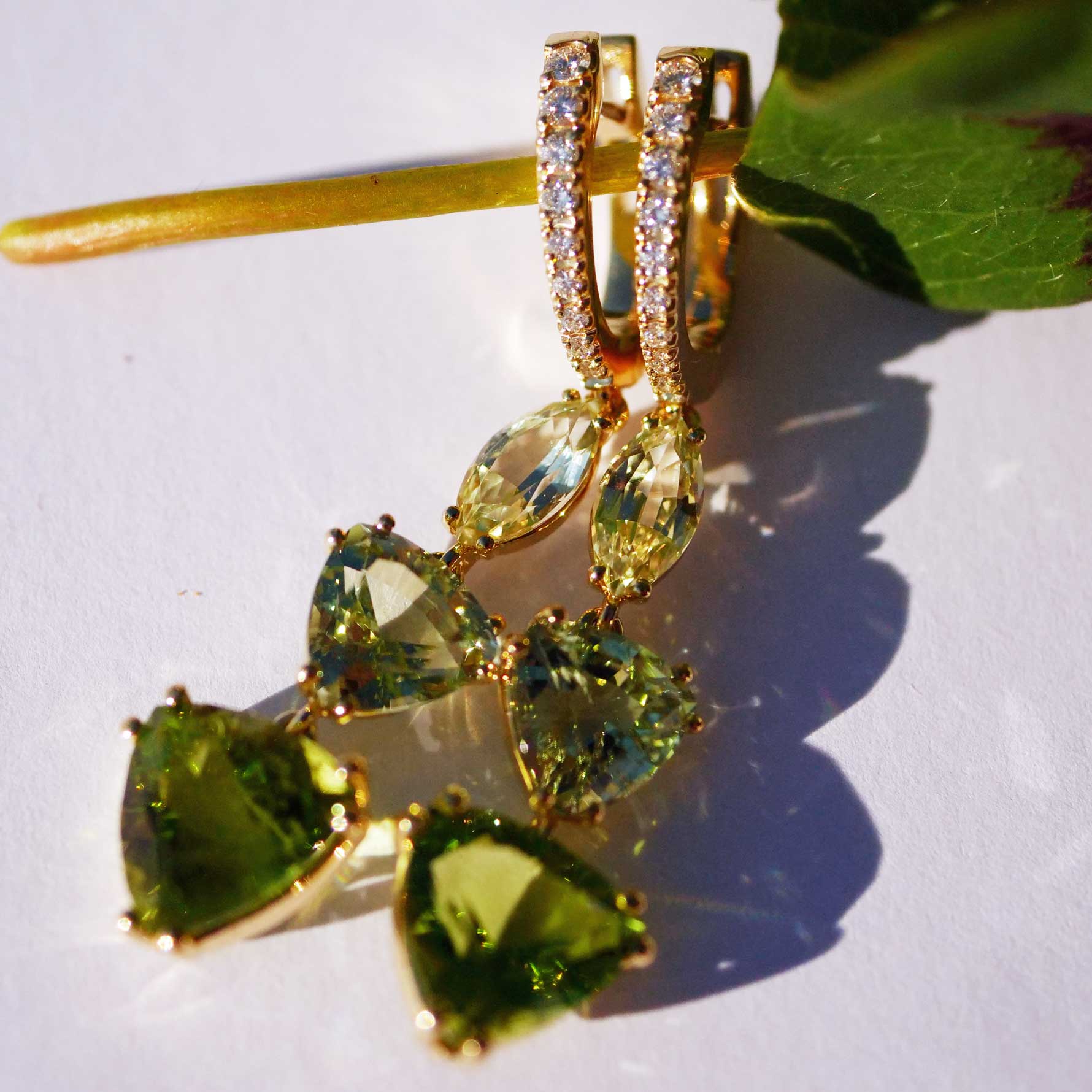 Chrysoberyll Turmalin Peridot Brillant Ohrhänger 750er Gelbgold 10 ct AAA+...unglaubliches fragiles Farbenspiel