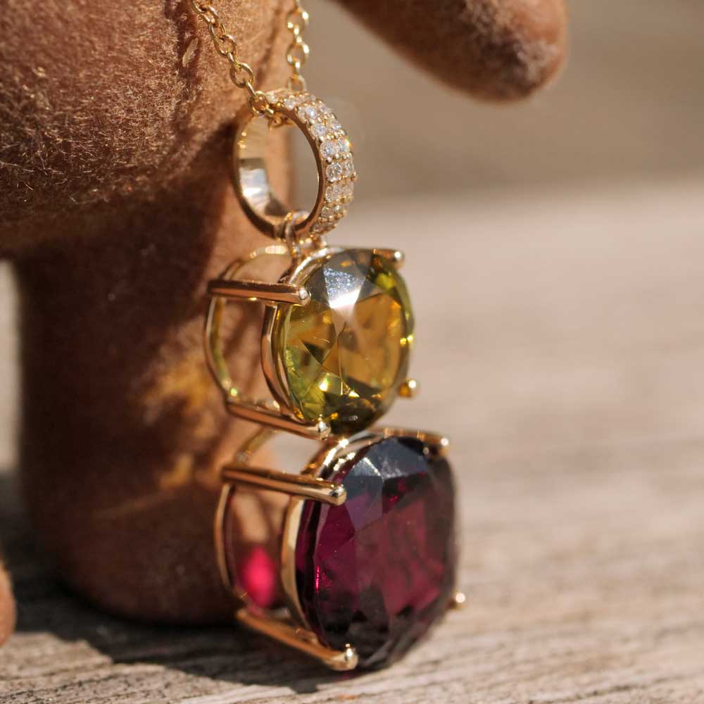 Canaryturmalin Rhodolith Brillant Anhänger 585er Gelbgold gelb rot ....farbengewaltiges Granat Turmalin Duett