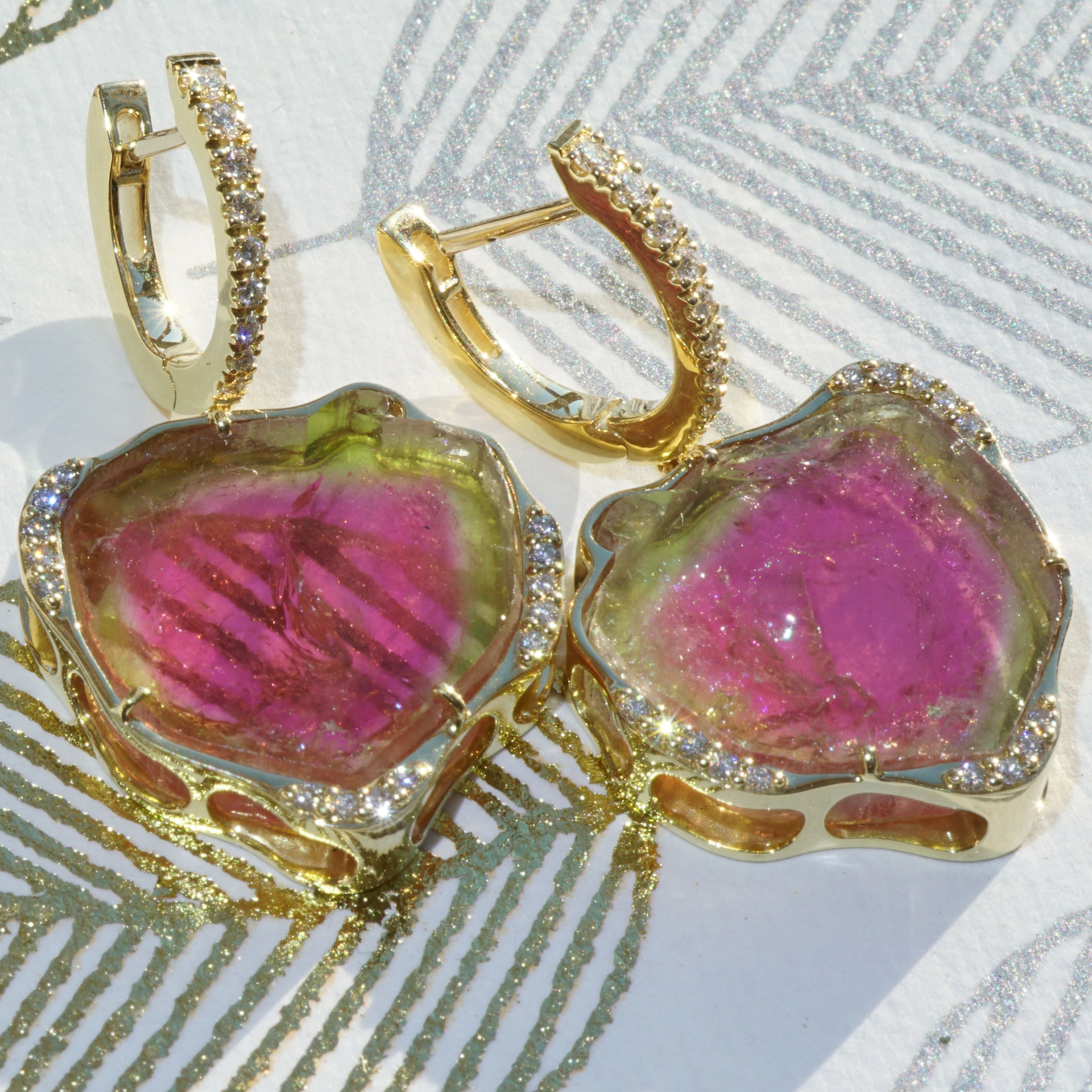 Wassermelonen Turmalin Brillant Ohrhänger 750er Gelbgold 31.97 ct 0.45 ct....Wunder der Natur