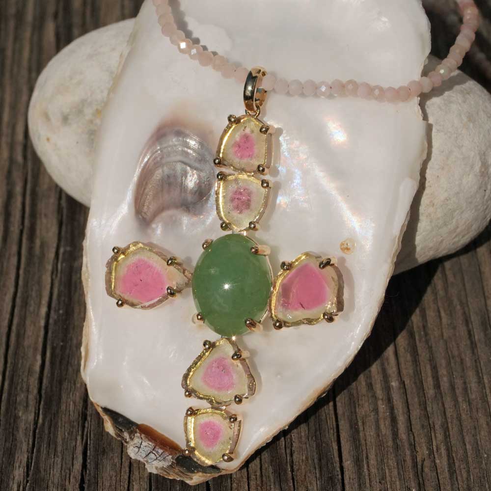 Anhänger Kreuz Wassermelonen Turmalin Jade 585er Gelbgold 10.20 ct 15.29 ct mit Kurzgutachten