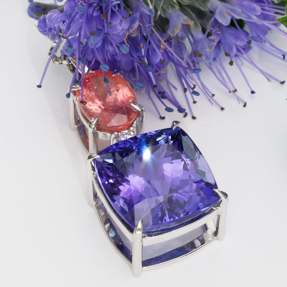 FARBENWUNDER Tansanit Rhodochrosit Anhänger m. Kette 10.6 und 1.84 ct AAA+ 900er Platin