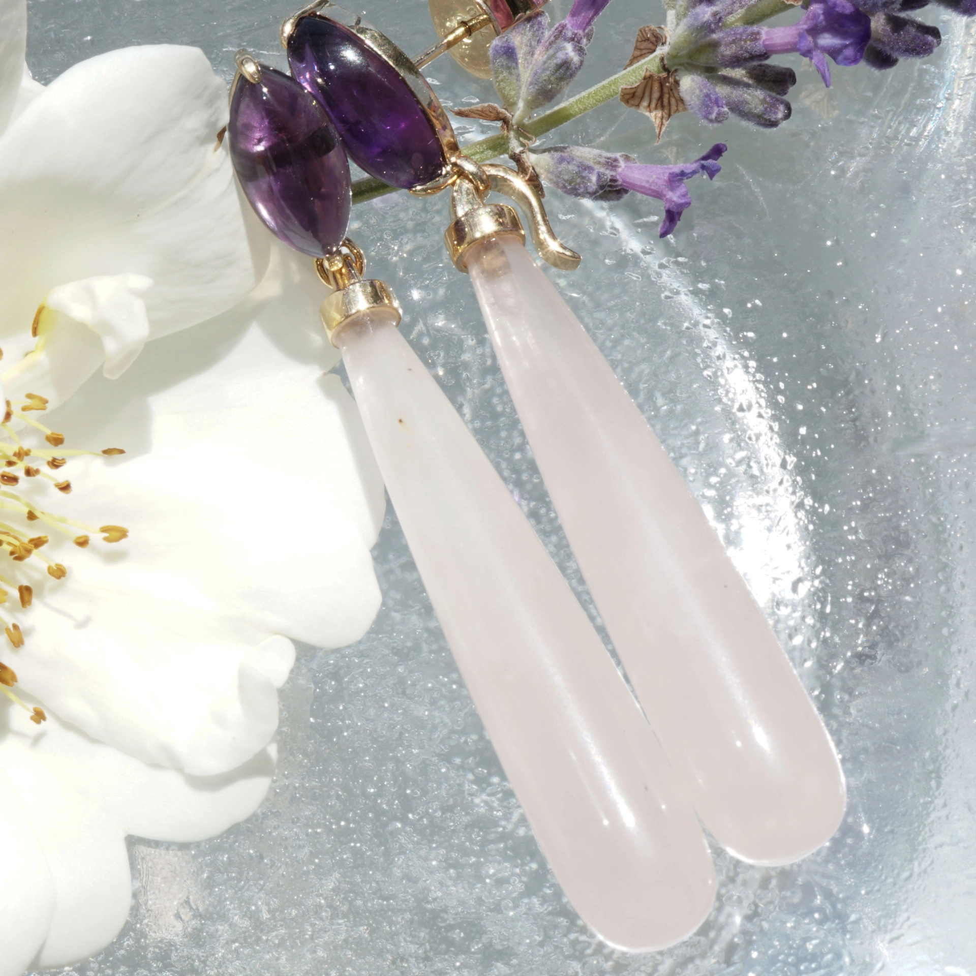 Rosenquarz Amethyst Ohrhänger 750er Gelbgold...pink-violette Versuchung...aushängbare Pampel