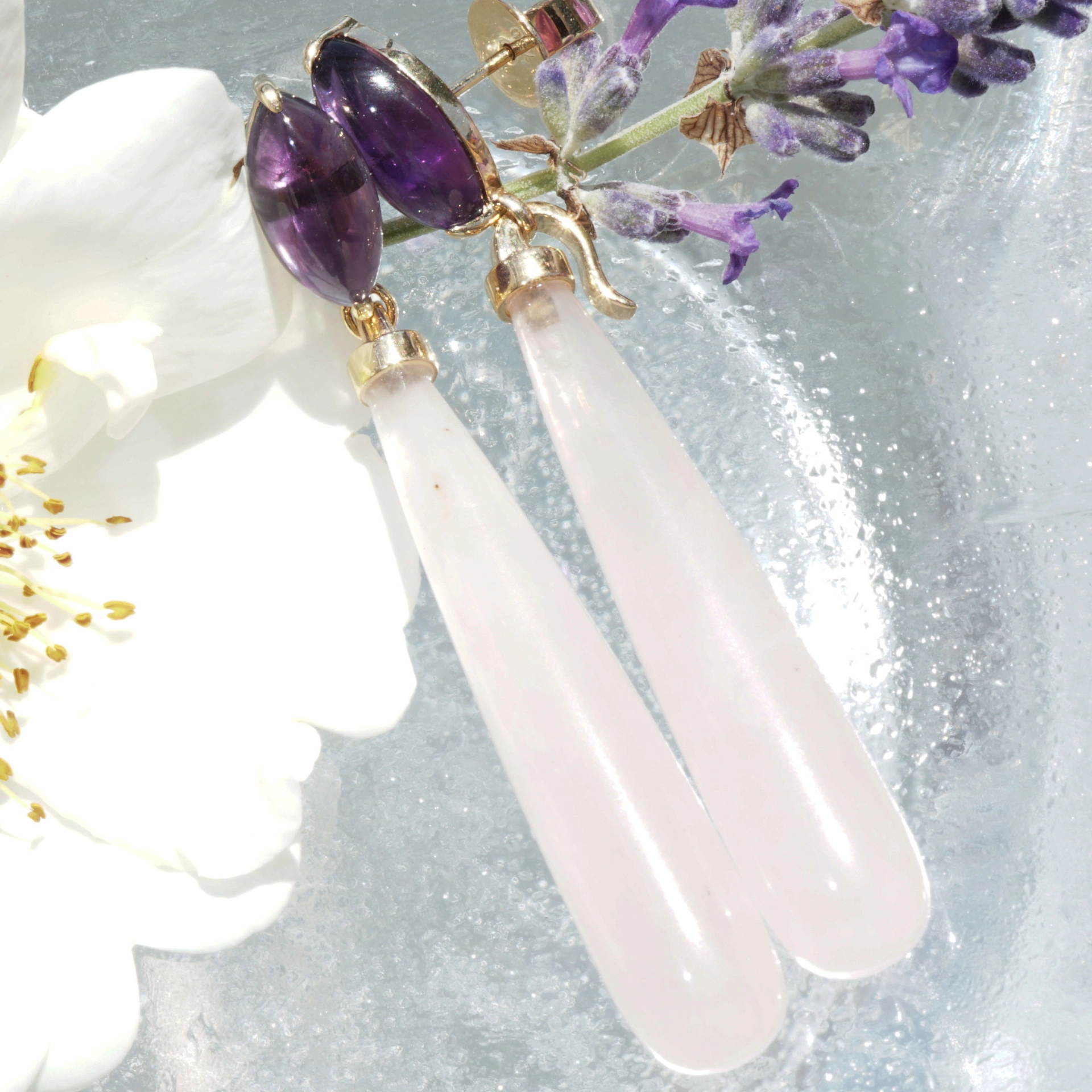 Rosenquarz Amethyst Ohrhänger 750er Gelbgold...pink-violette Versuchung...aushängbare Pampel