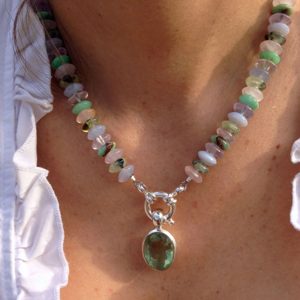 Chrysopras-Amethyst-Prehnit-Rosenquarz-Amethyst-Calzedon-Kette
