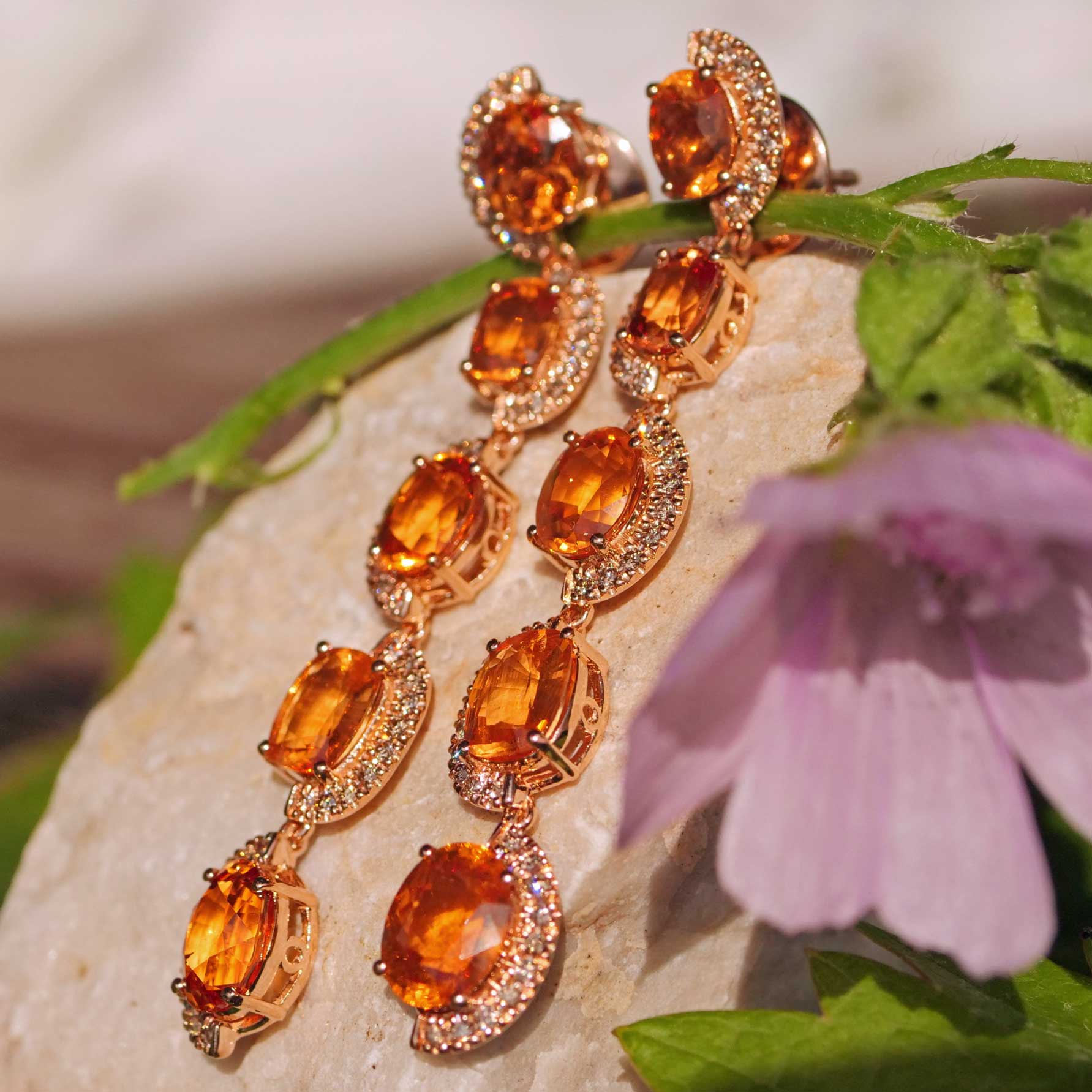 Seltene Mandarin Granat Brillant Chandelier Ohrhänger  750er Rosegold 14.85 ct 0.76 ct Ausnahmefarbe Fanta Orange 