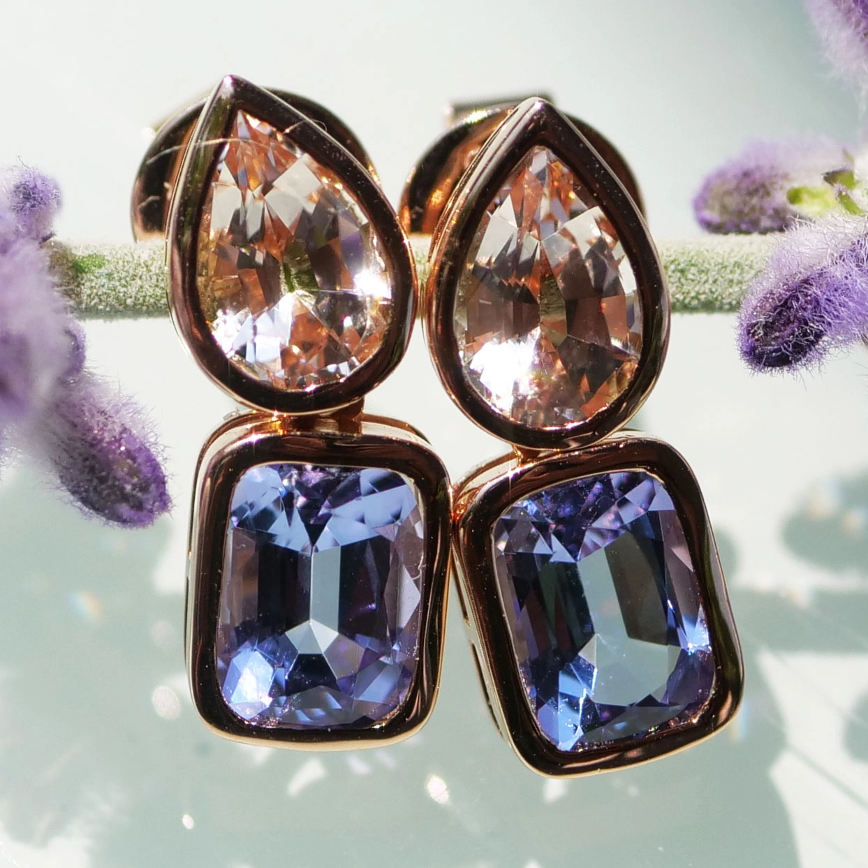 Morganit Tansanit Ohrstecker 750er Rosegold 2 ct 1.32 ct AAA+ hinreissende Farbenkombi..verwöhnen