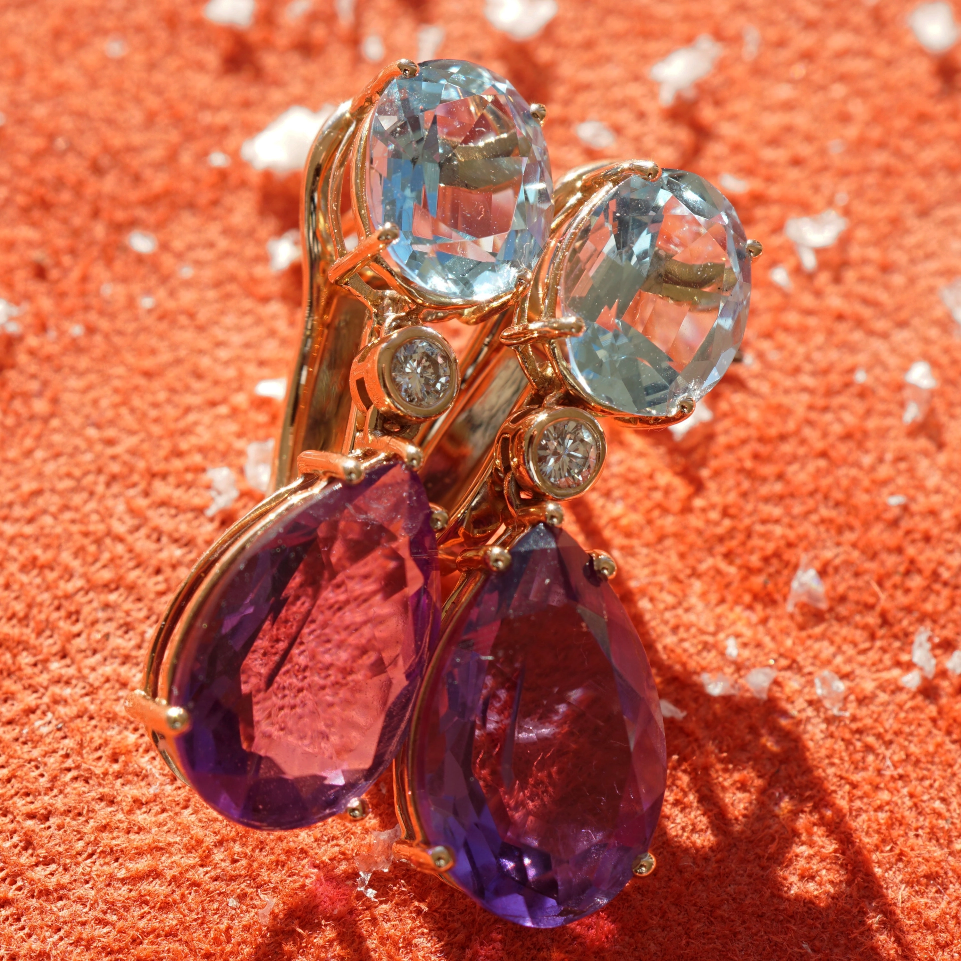 Aquamarin Amethyst Ohrhänger m. Brillanten in 750er Rosegold hochwertig