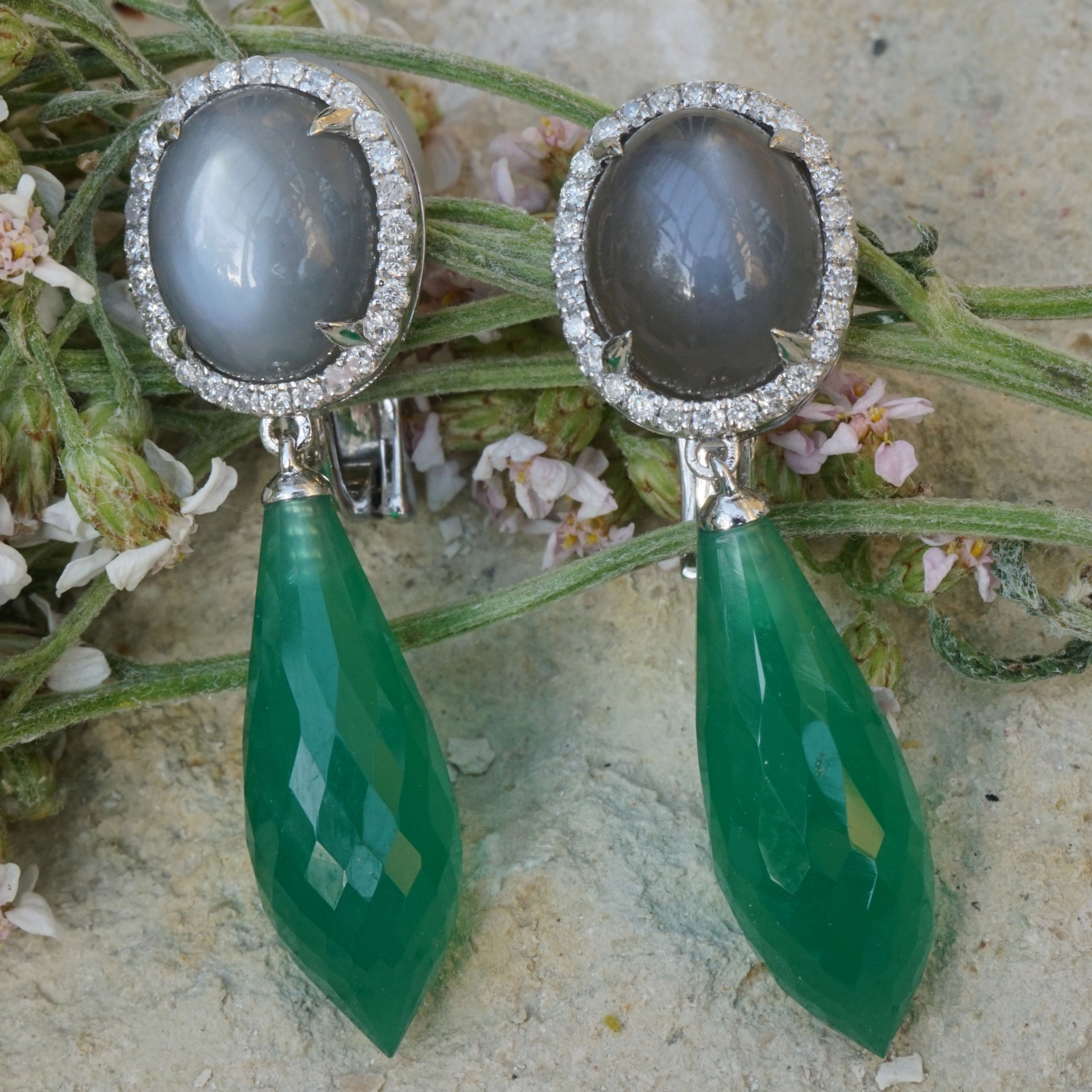 Ohrhänger Brillant Achat Mondstein BALI MOONSHINE 17 ct 750er Gold SW 4.320.-Euro