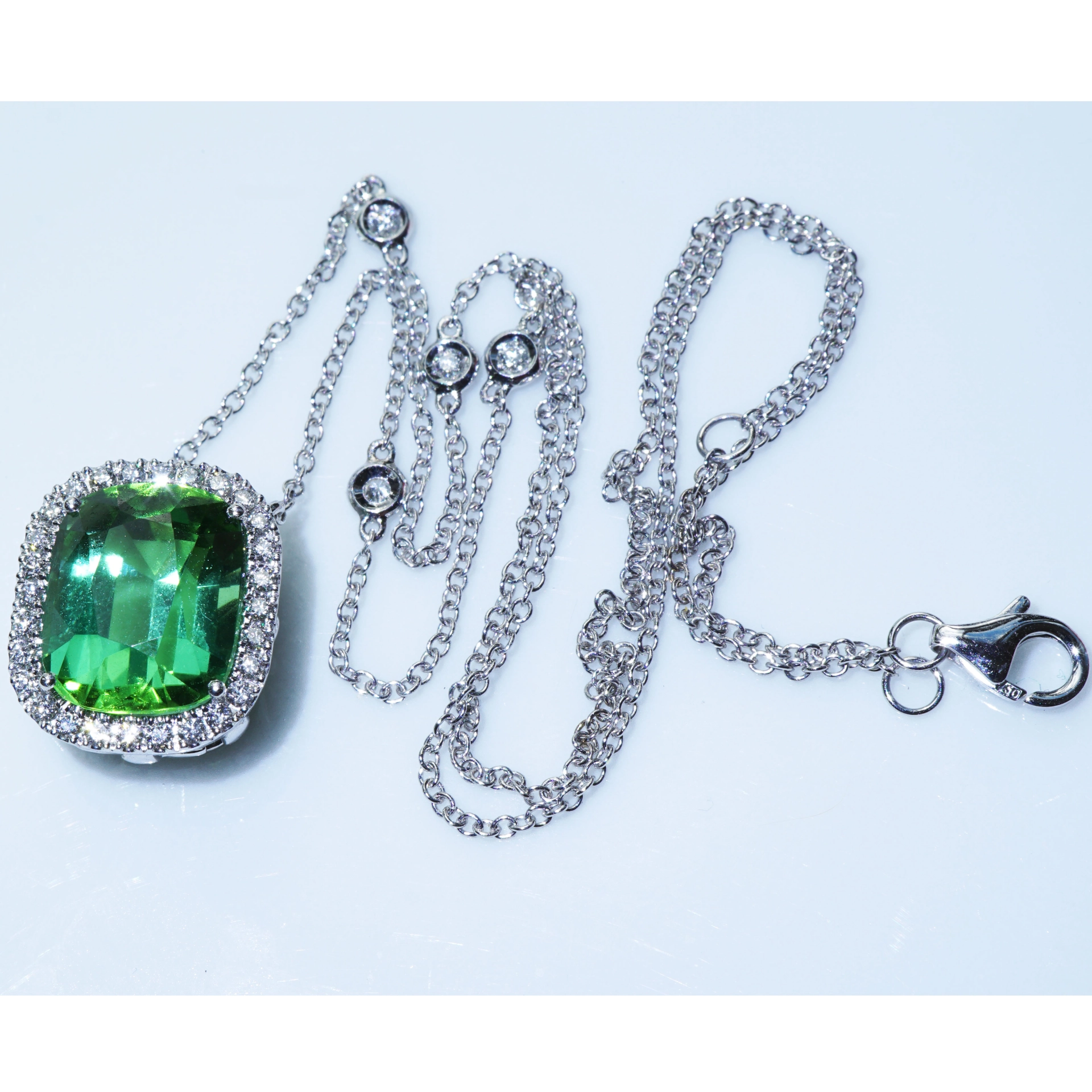 Turmalin Brillant Collier 750er Weissgold Investment lagun-grün Afghanistan 8.35 ct AAA+ Lupenrein