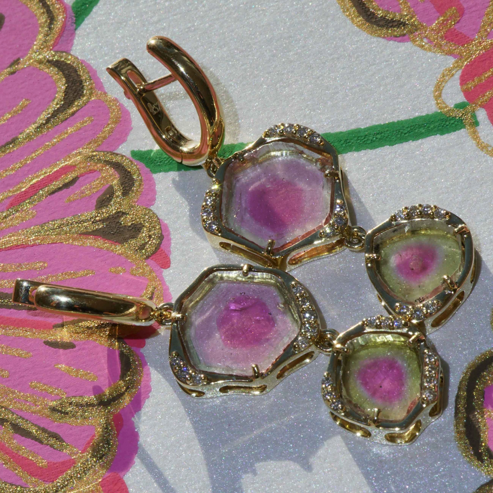 Turmalin Brillant 30 ct Wassermelonen Set Ring Anhänger Ohrhänger 750er Gelbgold
