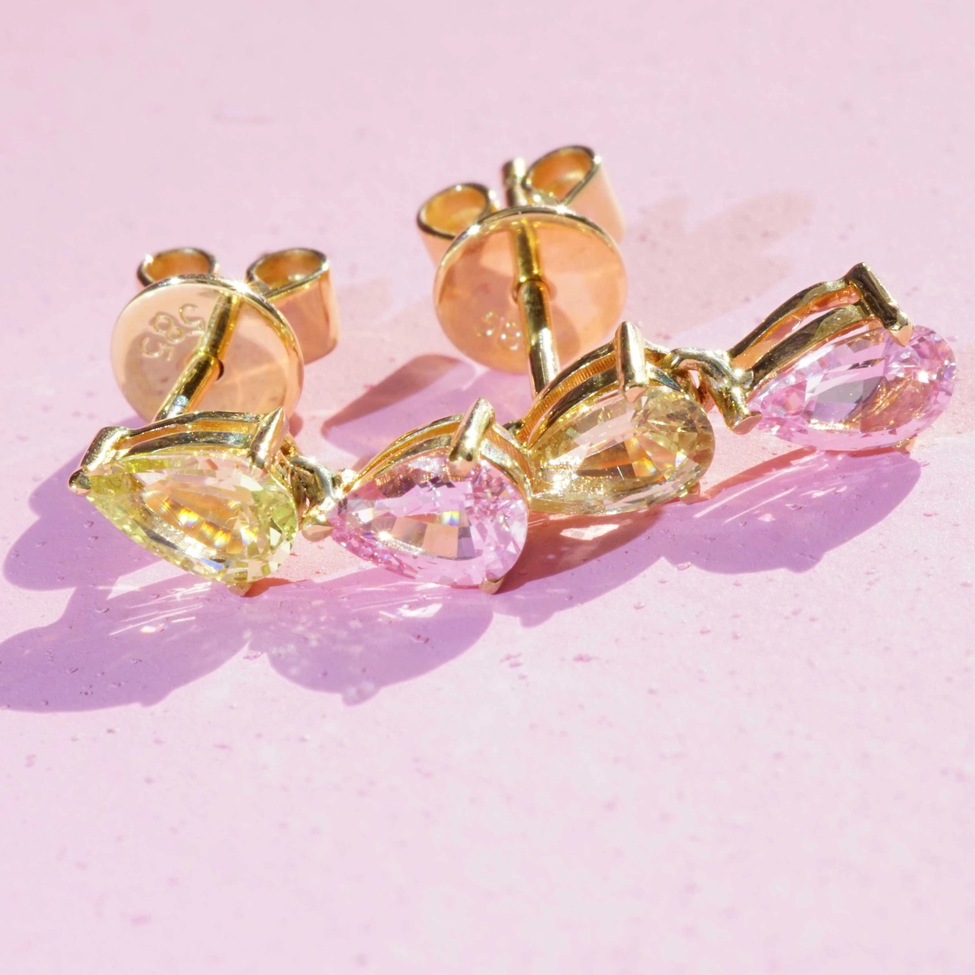 Saphir Ohrhänger 585er Gelbgold aus der Ilakaka Mine Madagascar gelb pink NATURFARBE