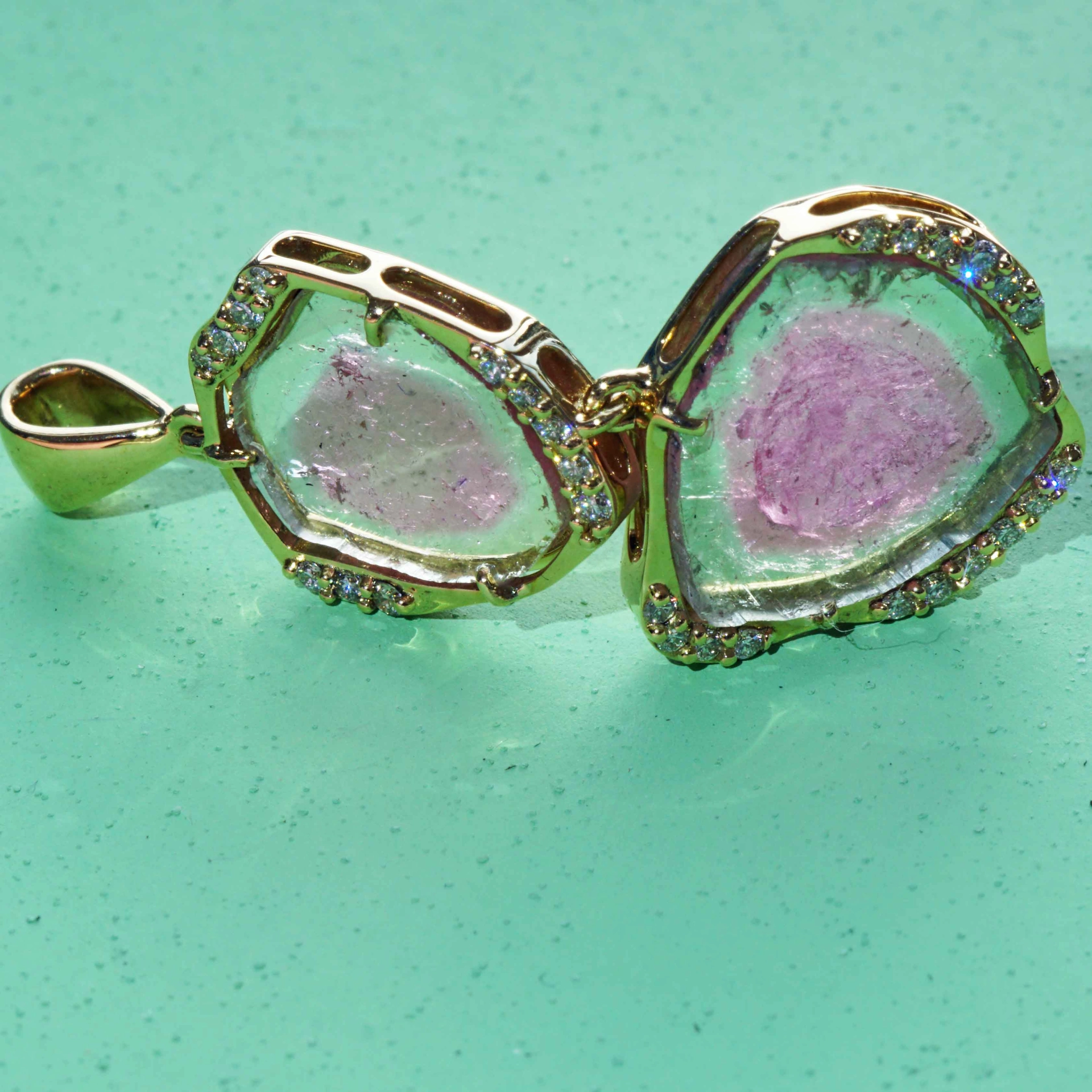 Turmalin Brillant 30 ct Wassermelonen Set Ring Anhänger Ohrhänger 750er Gelbgold