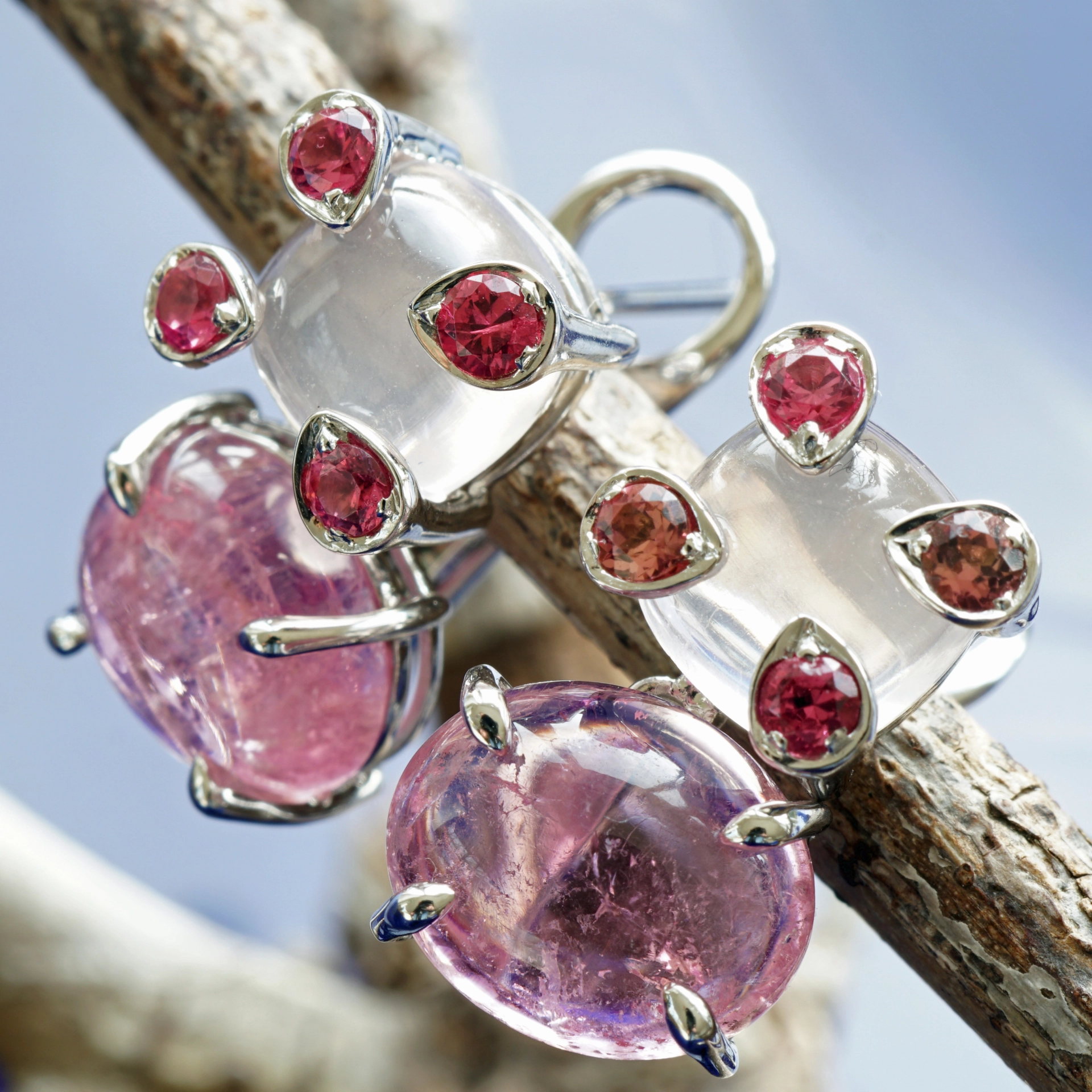 Spinell Turmalin Mondstein Ohrstecker Clip 750er Weissgold  ....happy pinkness