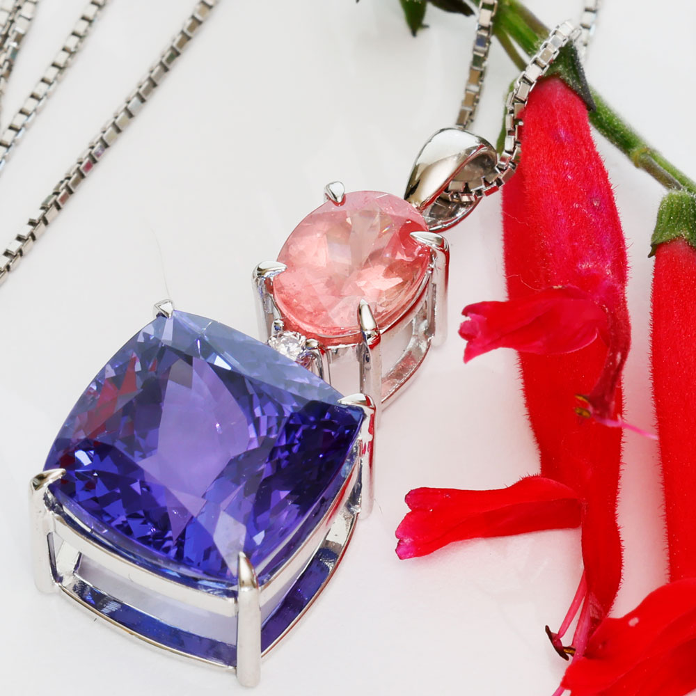 FARBENWUNDER Tansanit Rhodochrosit Anhänger m. Kette 10.6 und 1.84 ct AAA+ 900er Platin