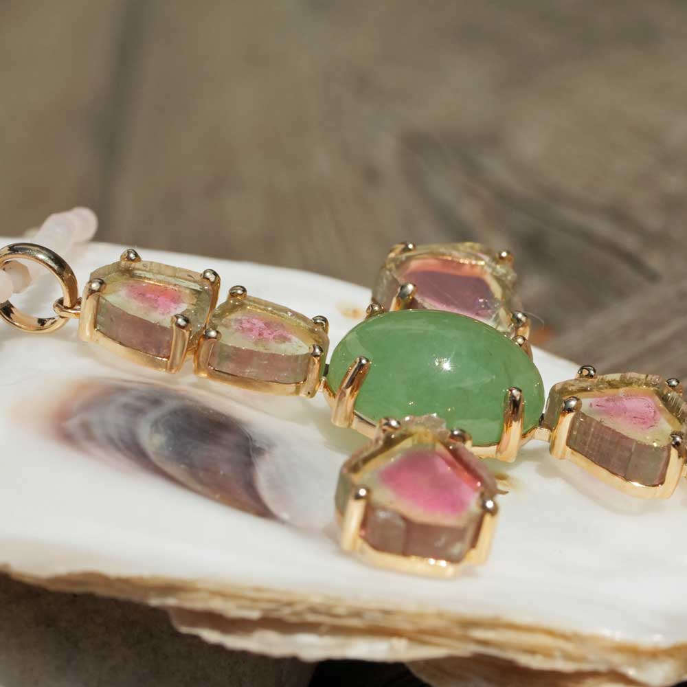 Anhänger Kreuz Wassermelonen Turmalin Jade 585er Gelbgold 10.20 ct 15.29 ct mit Kurzgutachten