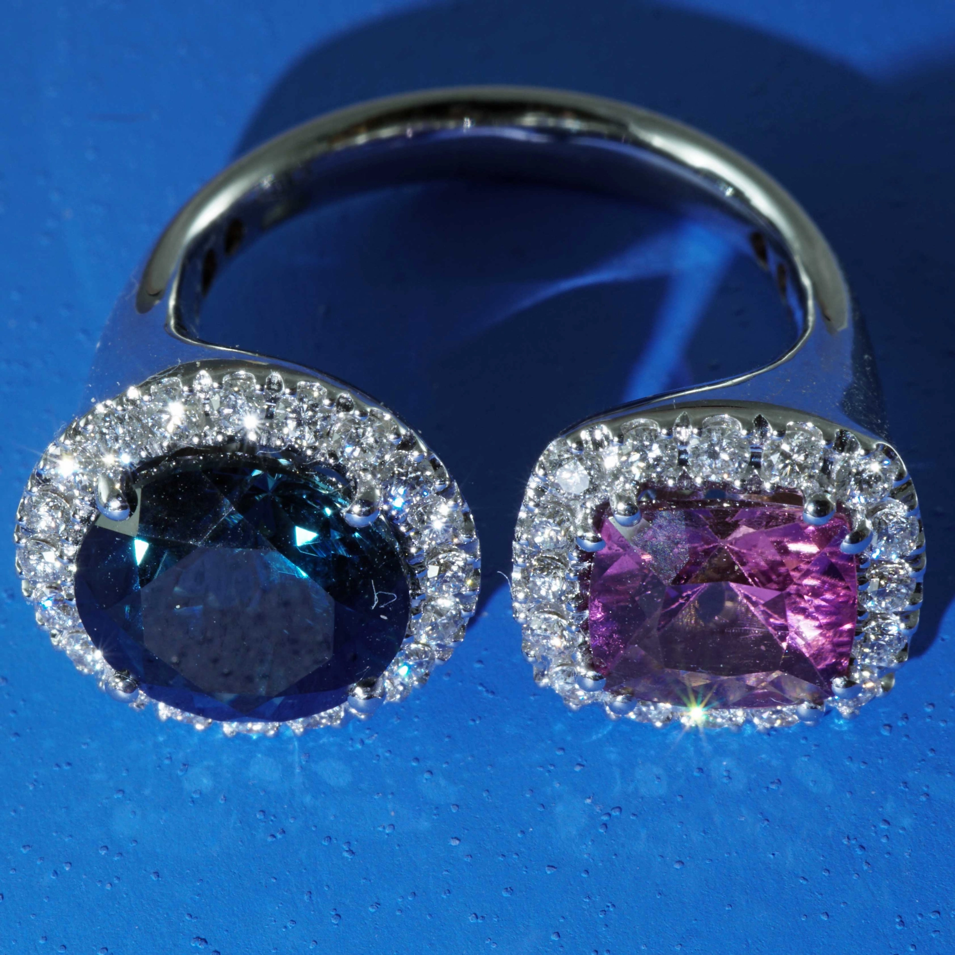 Rosa Turmalin Blautopas Brillant Ring 750er Weissgold 1.41 ct 3.38 ct 0.56 ct...Zwillingsring