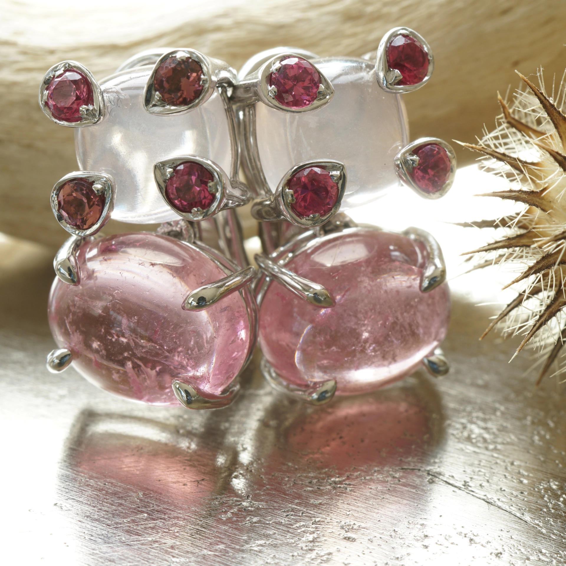 Spinell Turmalin Mondstein Ohrstecker Clip 750er Weissgold  ....happy pinkness