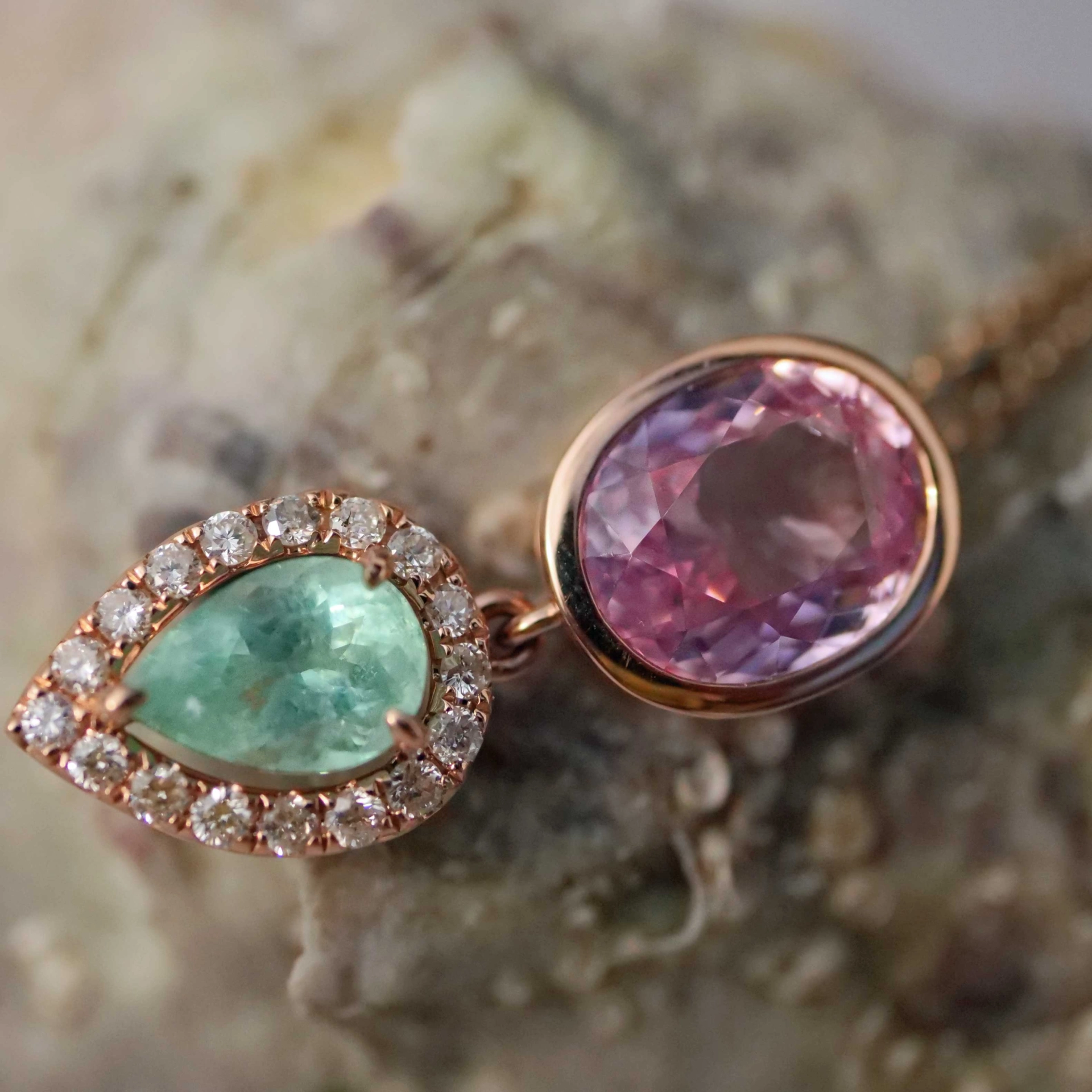 Paraiba Turmalin Spinell Brillant Anhänger 750er Rosegold Traumfarben Kombination Pink Blau-Grün