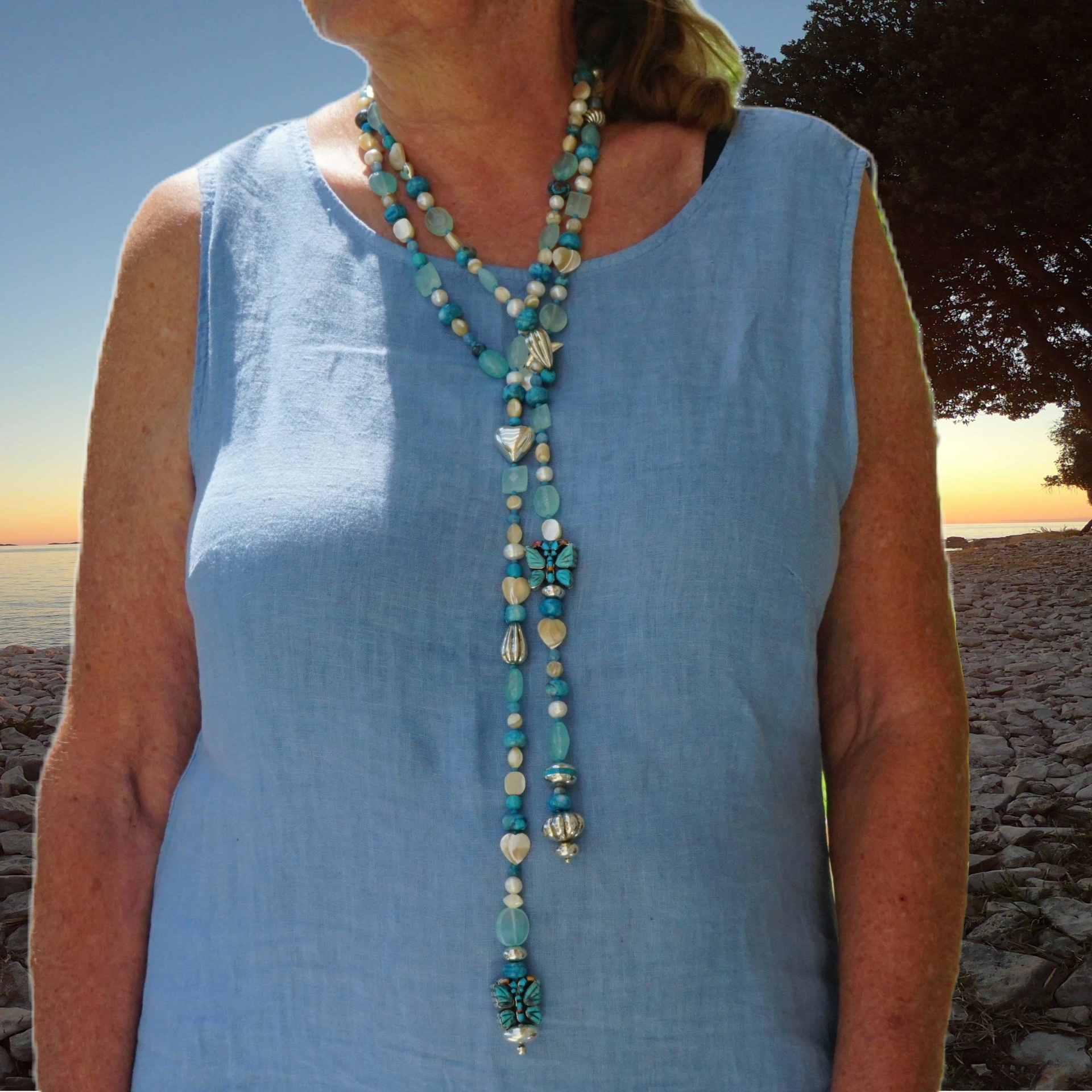 Chilango Kette Out of Nature Legends 925er Silber 185 cm  Papillon Turquoise Butterfly Sonderlänge