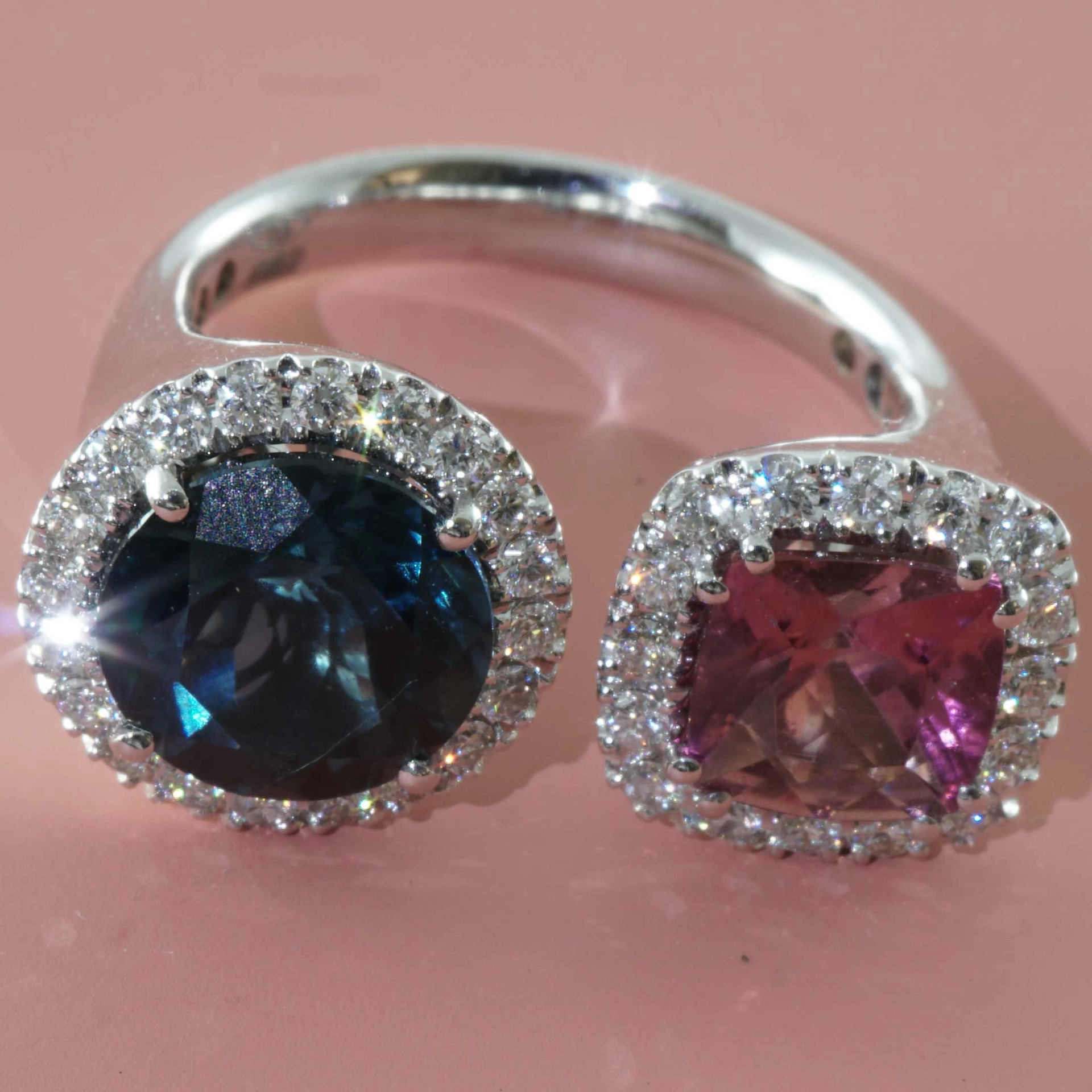 Rosa Turmalin Blautopas Brillant Ring 750er Weissgold 1.41 ct 3.38 ct 0.56 ct...Zwillingsring