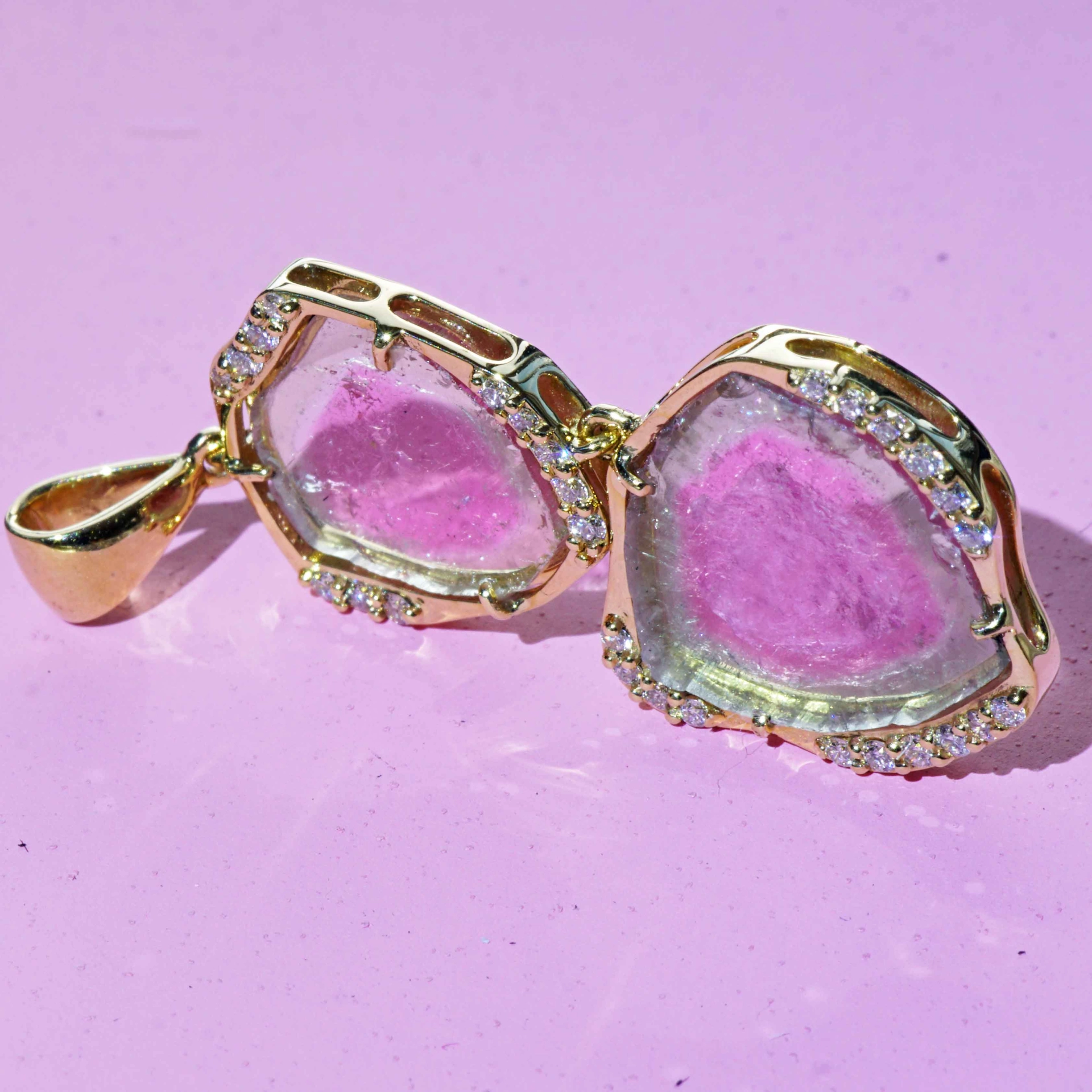 Turmalin Brillant 30 ct Wassermelonen Set Ring Anhänger Ohrhänger 750er Gelbgold