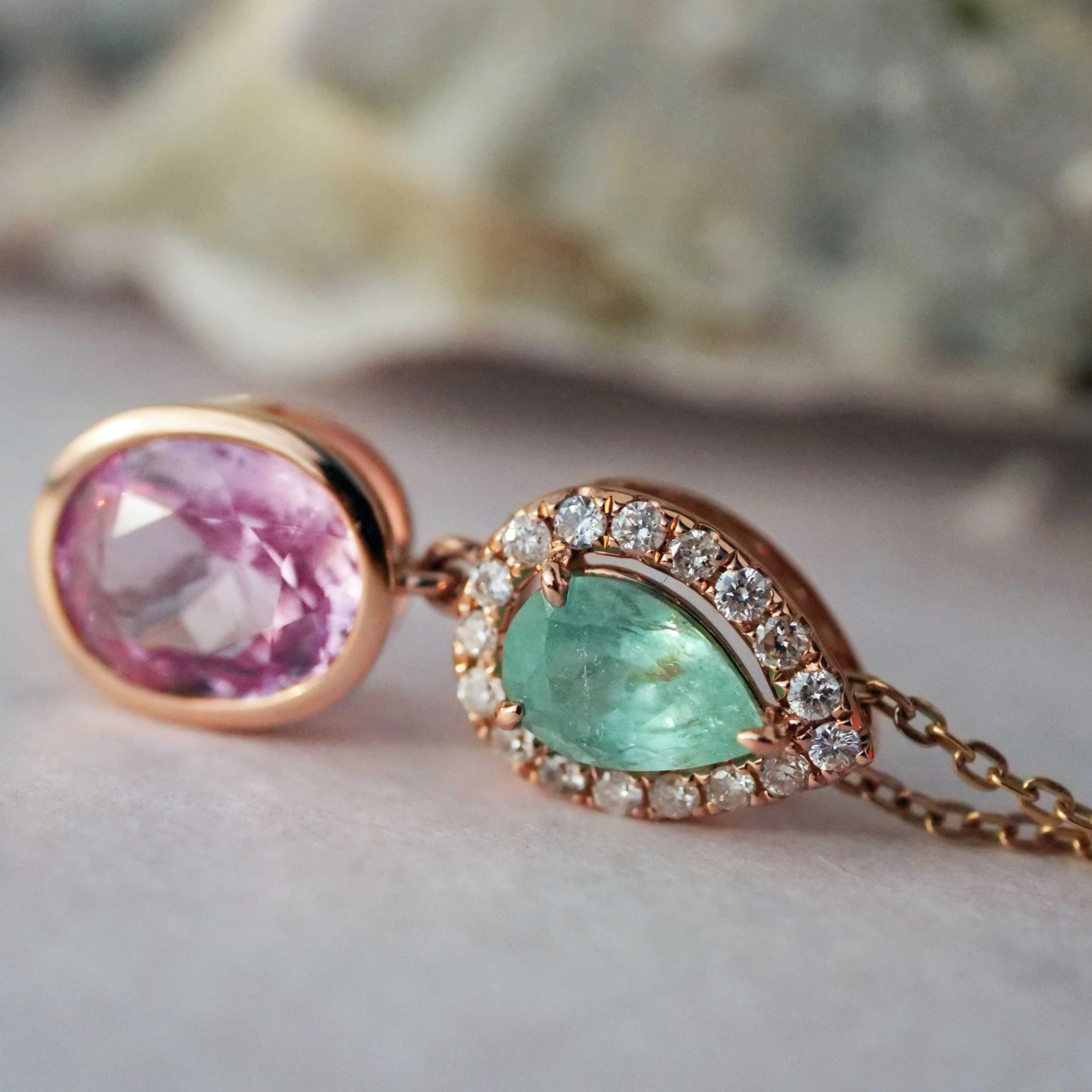 Paraiba Turmalin Spinell Brillant Anhänger 750er Rosegold Traumfarben Kombination Pink Blau-Grün