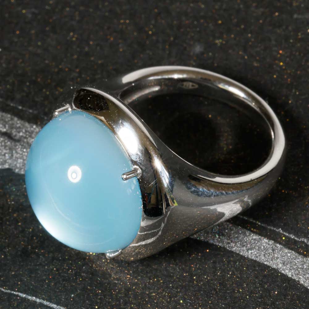 Moderner Blautopas Perlmut Ring 750er Weissgold skyblue Bubble 20 mm Durchmesser