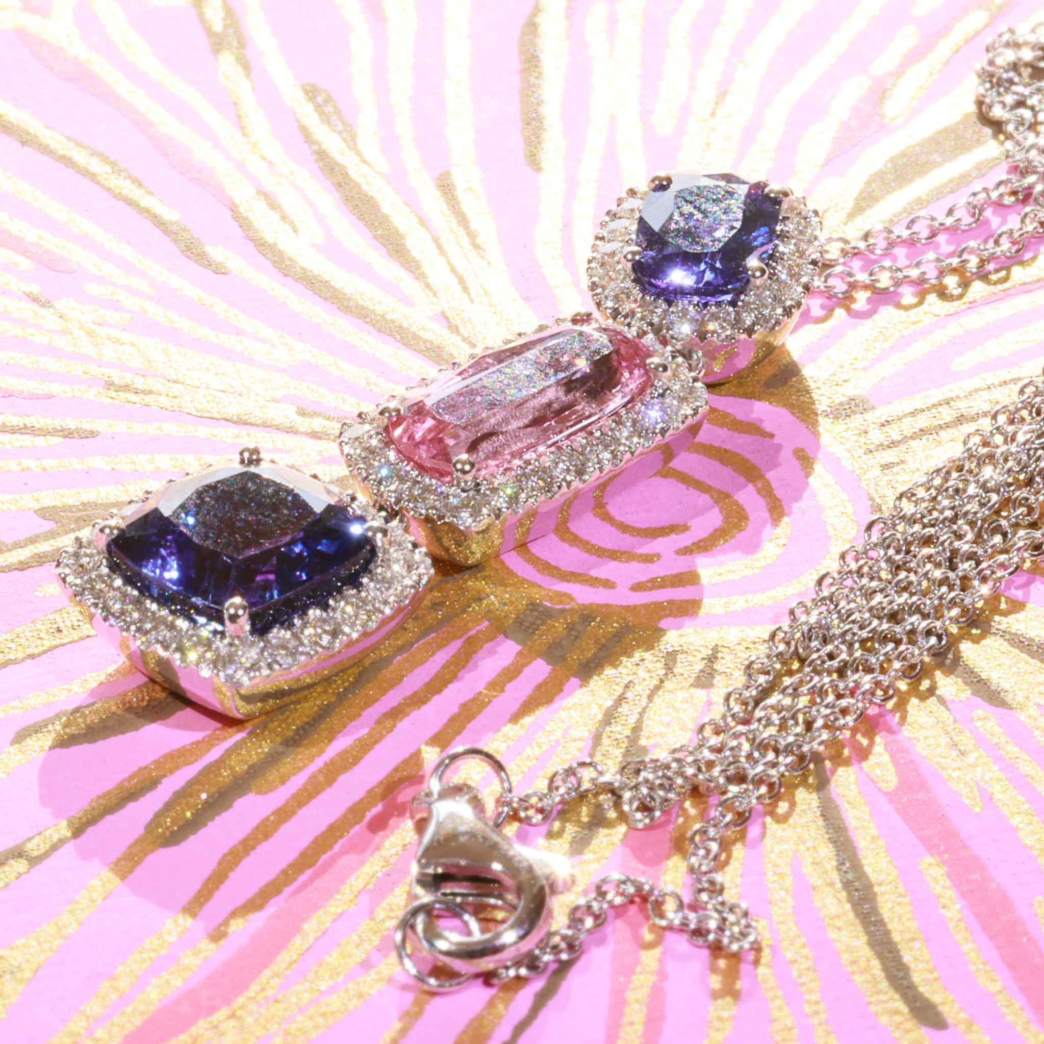 Tansanit Spinell Brillant Anhänger m. Kette 750er Weissgold 6 ct 0.70 AAA+ Blaulilie und Traumrosa