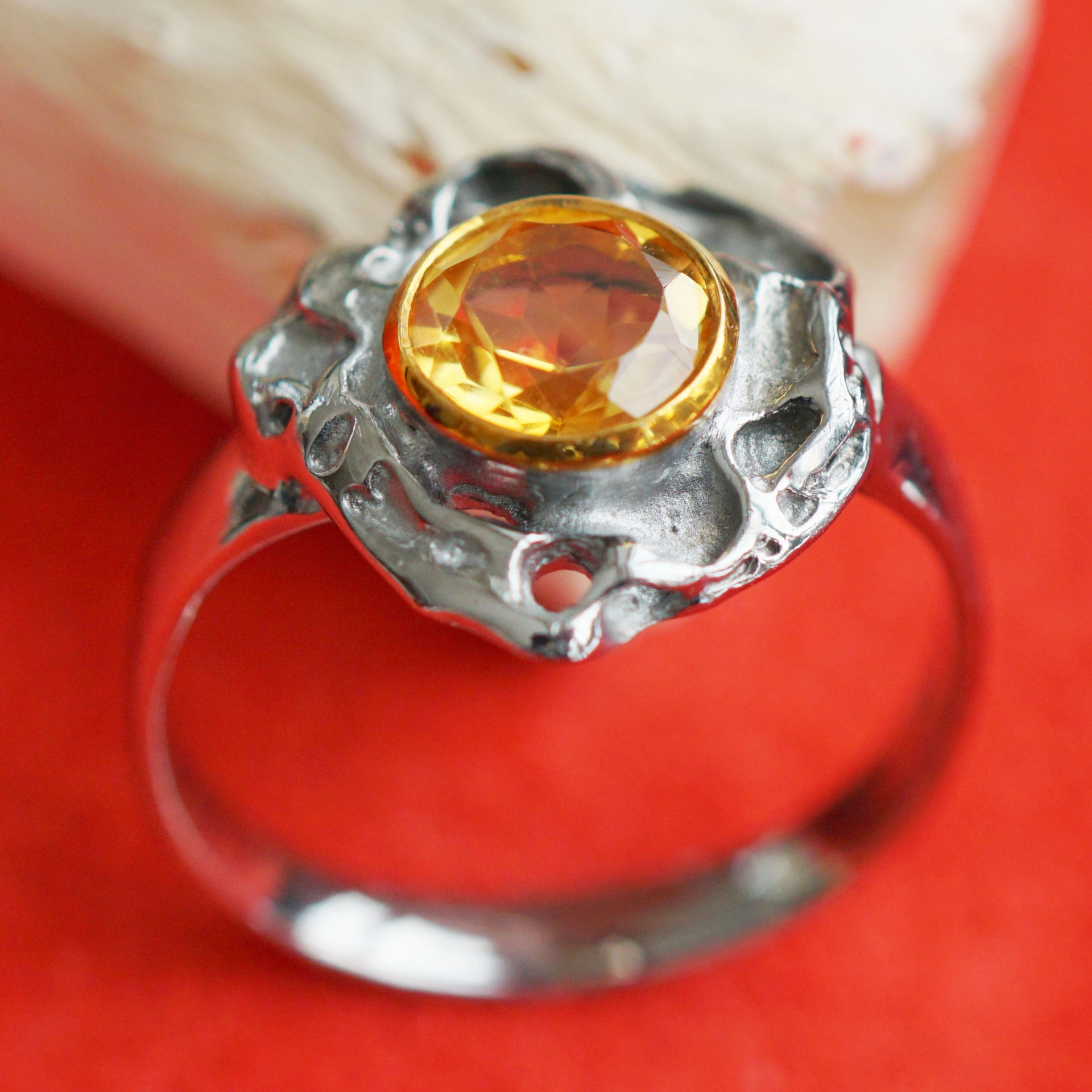Set:Citrin Anhänger und Ring Silber schwarz rhodiniert 14,5 x 15 mm Handarbeit
