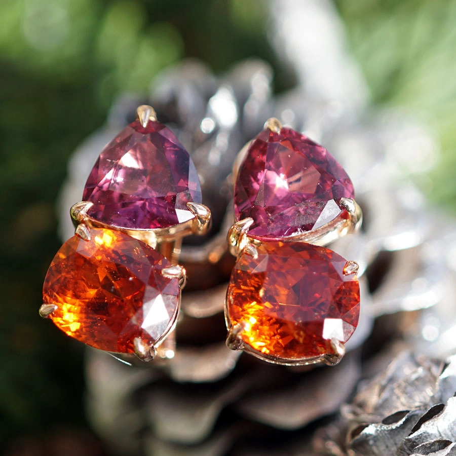 Seltene afrikanische Mandarin Granate/Rhodolith Ohrschmuck in 750er Rosegold