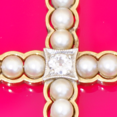 Antikschmuck Kreuz Perl Brillant Anhänger mit Kette 585er Weissgold Gelbgold um 1900