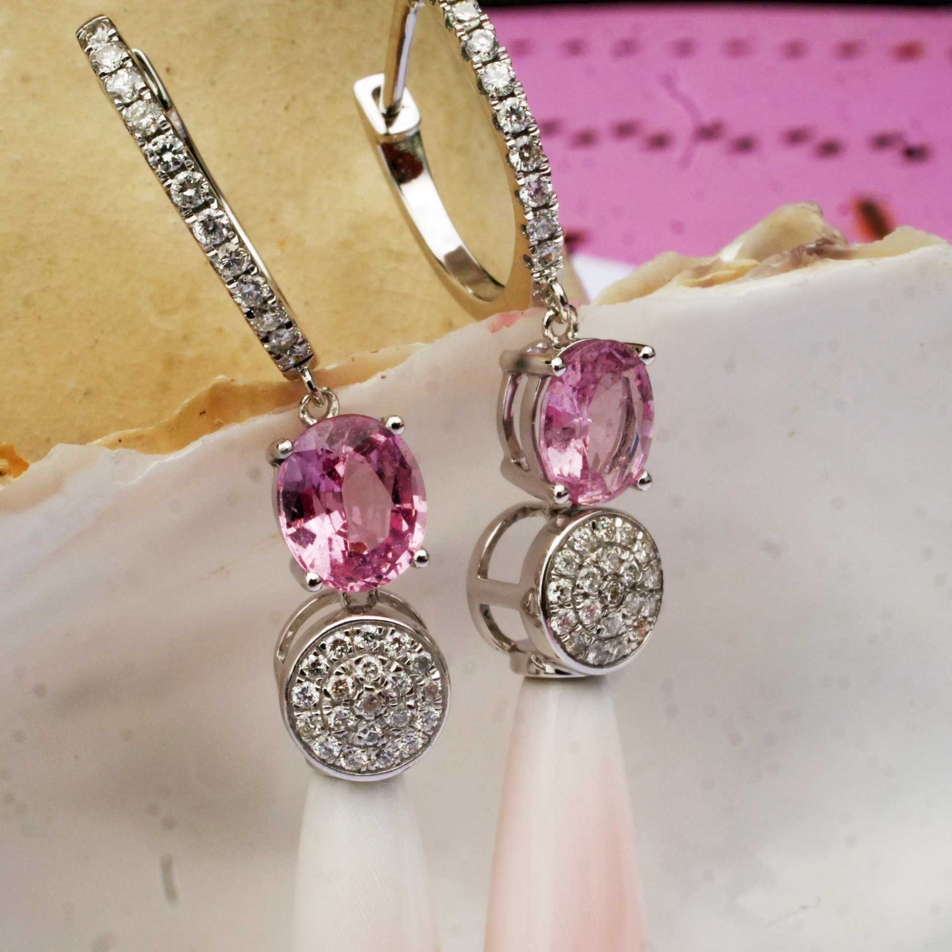 Spinell Brillant Perlmut Ohrhänger 750er Weissgold 0.47 ct TW VS Mine Tadschikistan 2.15 ct tolles Pink