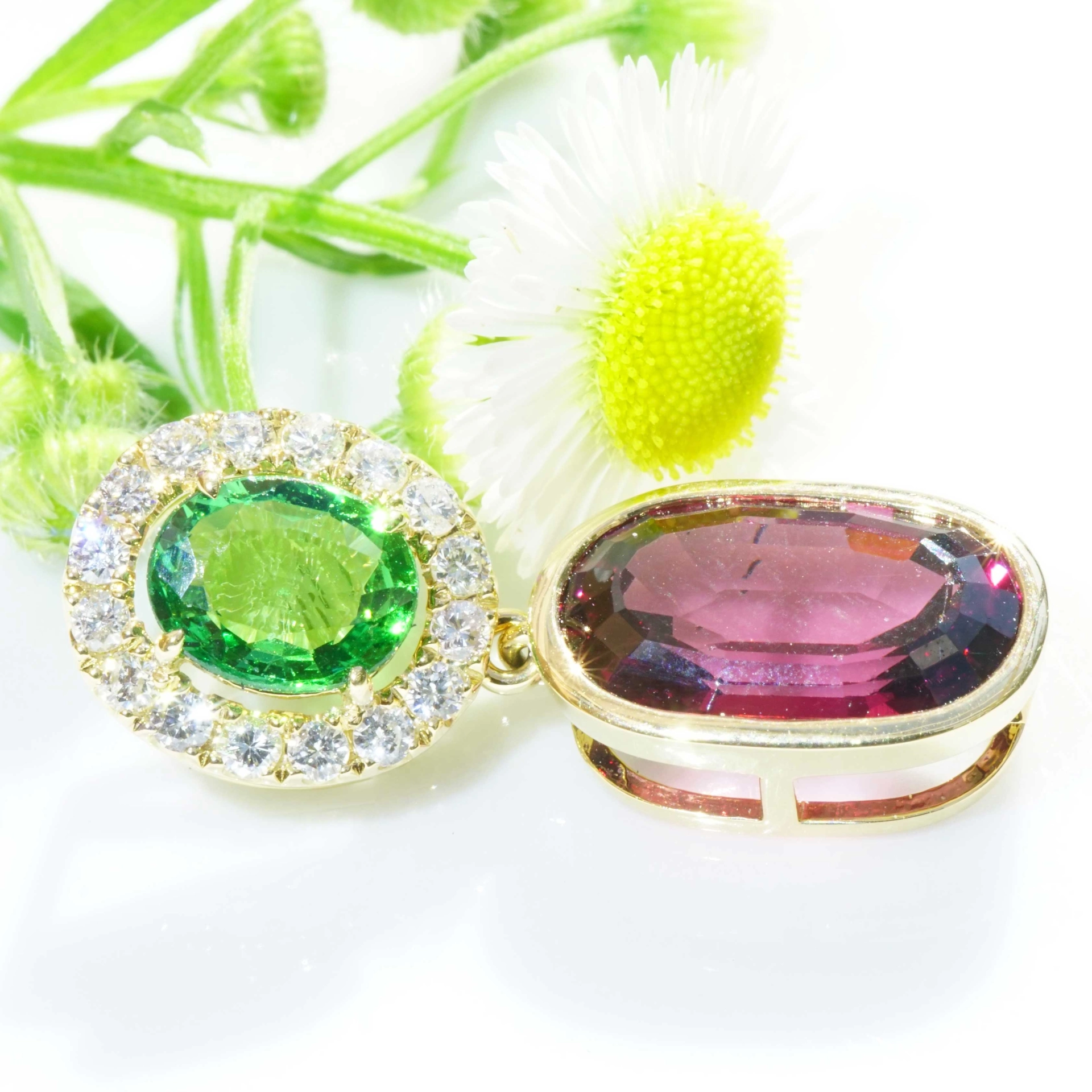 Tsavorith Rhodolith Brillant Anhänger 750er Gelbgold pink-grün.....farbengewaltiges Granat Duett