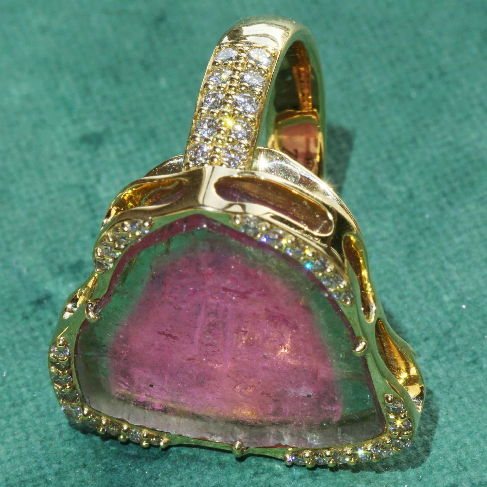 Turmalin Brillant 30 ct Wassermelonen Set Ring Anhänger Ohrhänger 750er Gelbgold