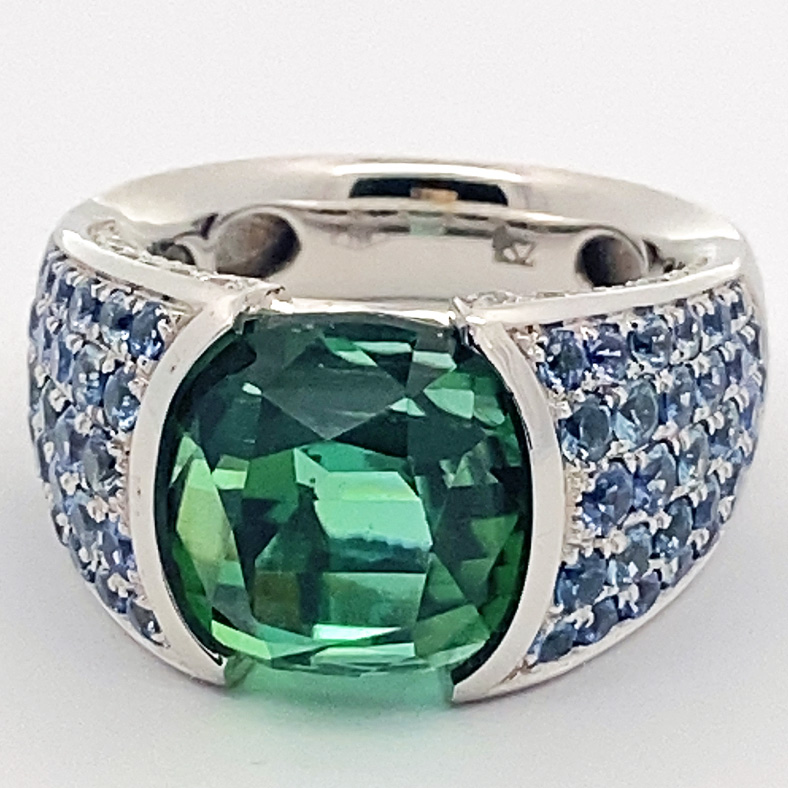Lagoon Green Turmalin Saphir Brillant Ring 750er Weissgold Afghanistan 12.56 ct AAA+