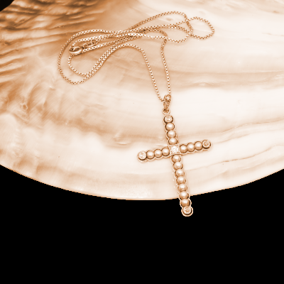 Antikschmuck Kreuz Perl Brillant Anhänger mit Kette 585er Weissgold Gelbgold um 1900