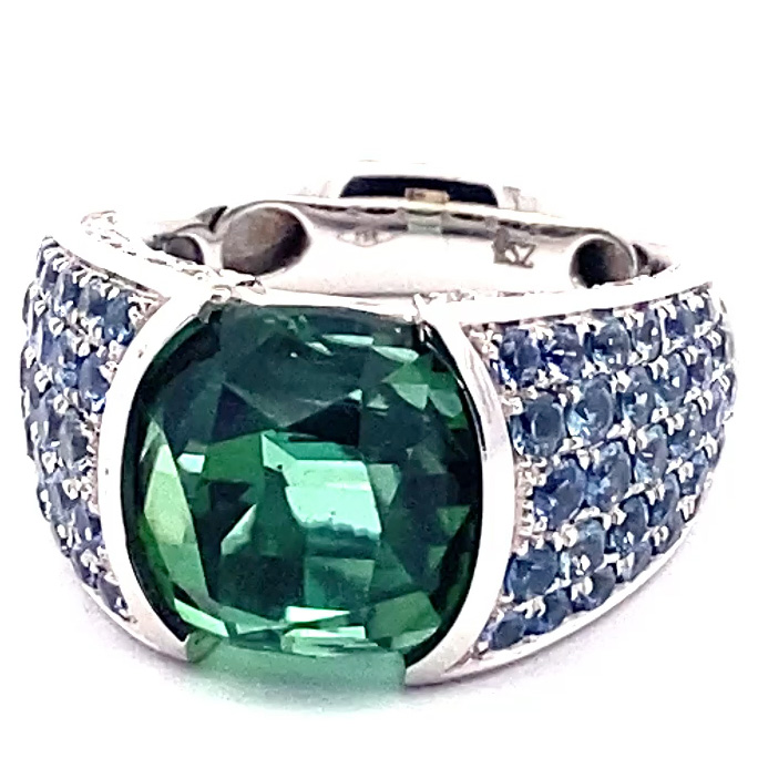 Lagoon Green Turmalin Saphir Brillant Ring 750er Weissgold Afghanistan 12.56 ct AAA+