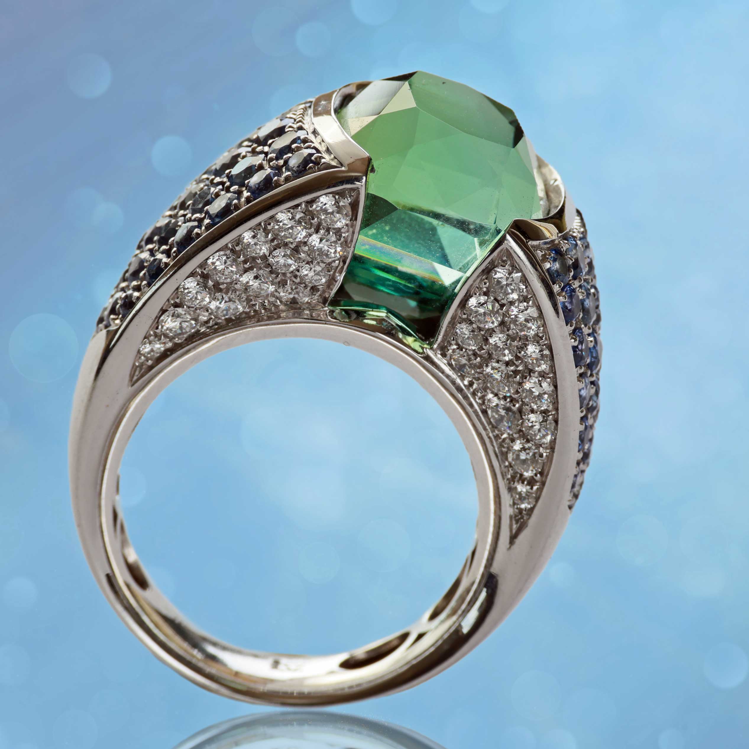 Lagoon Green Turmalin Saphir Brillant Ring 750er Weissgold Afghanistan 12.56 ct AAA+