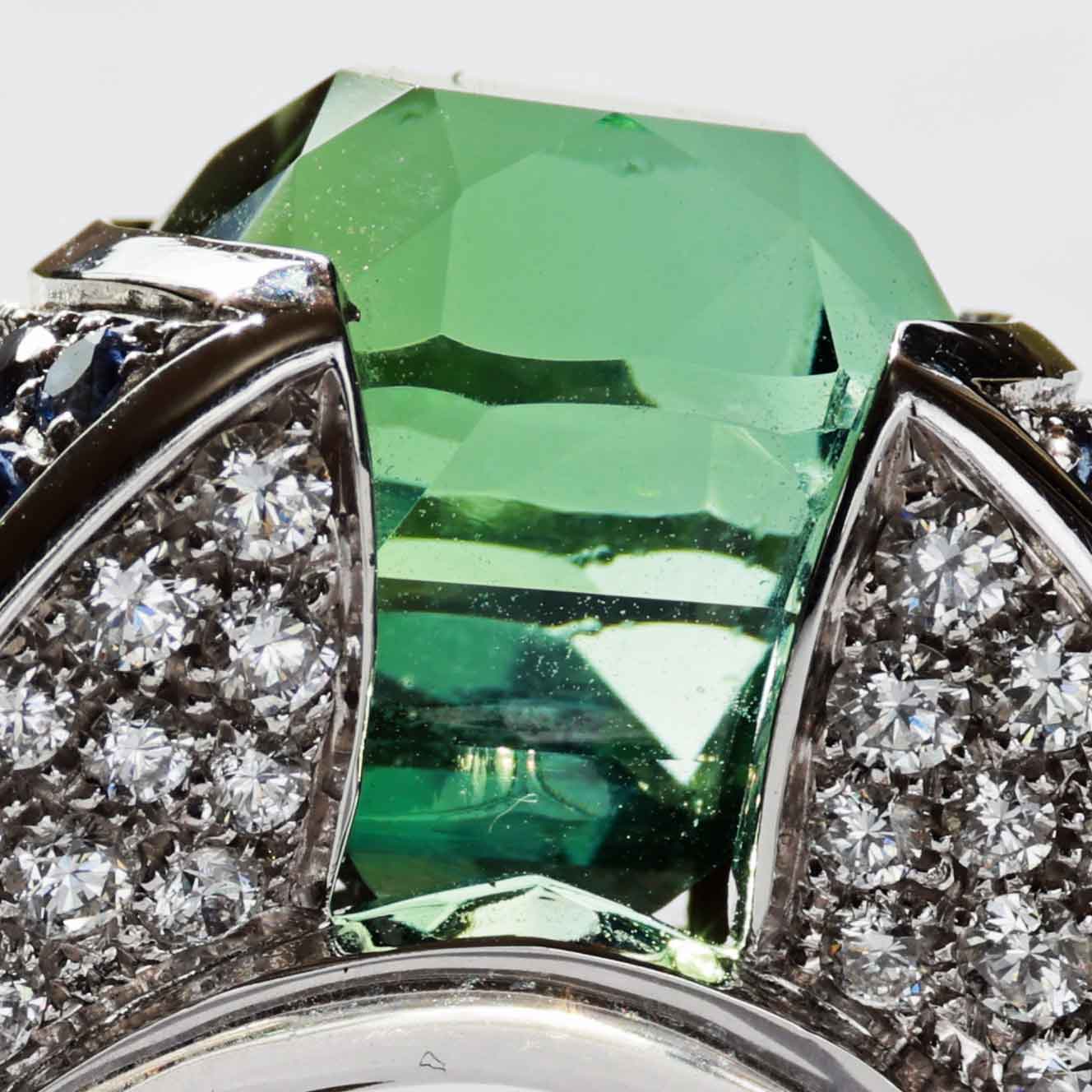 Lagoon Green Turmalin Saphir Brillant Ring 750er Weissgold Afghanistan 12.56 ct AAA+