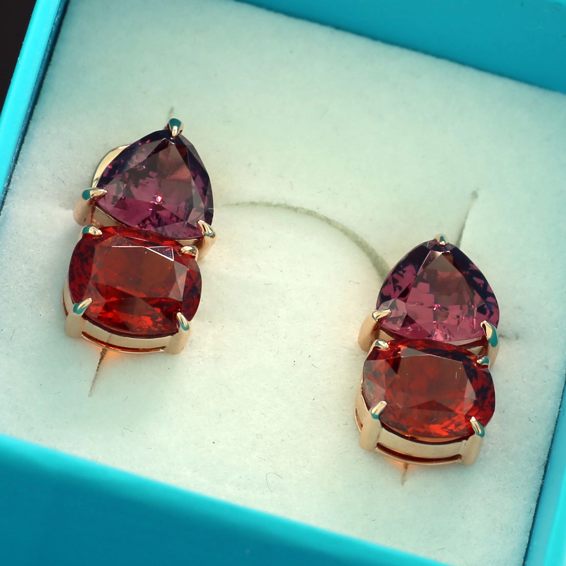 Seltene afrikanische Mandarin Granate/Rhodolith Ohrschmuck in 750er Rosegold