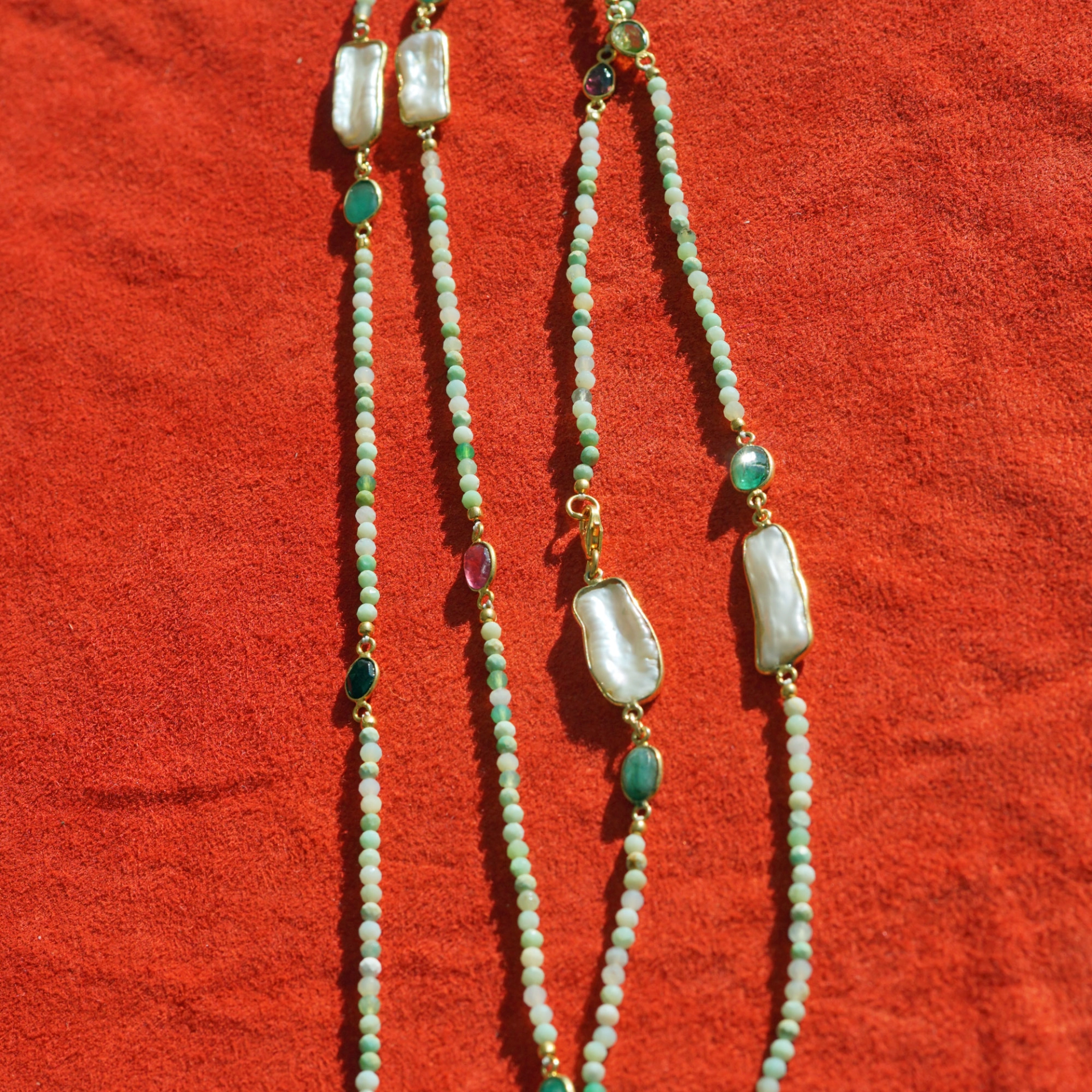 Turmalin Smaragd Biwaperl Kette 90 cm lang Silber vergoldet Karabinerschliesse COOL