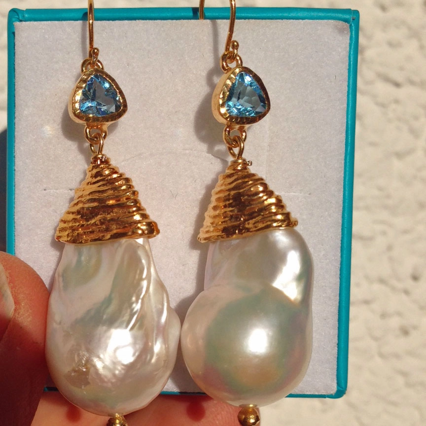 Perl Topas Ohrhänger Silber vergoldet Handarbeit great big