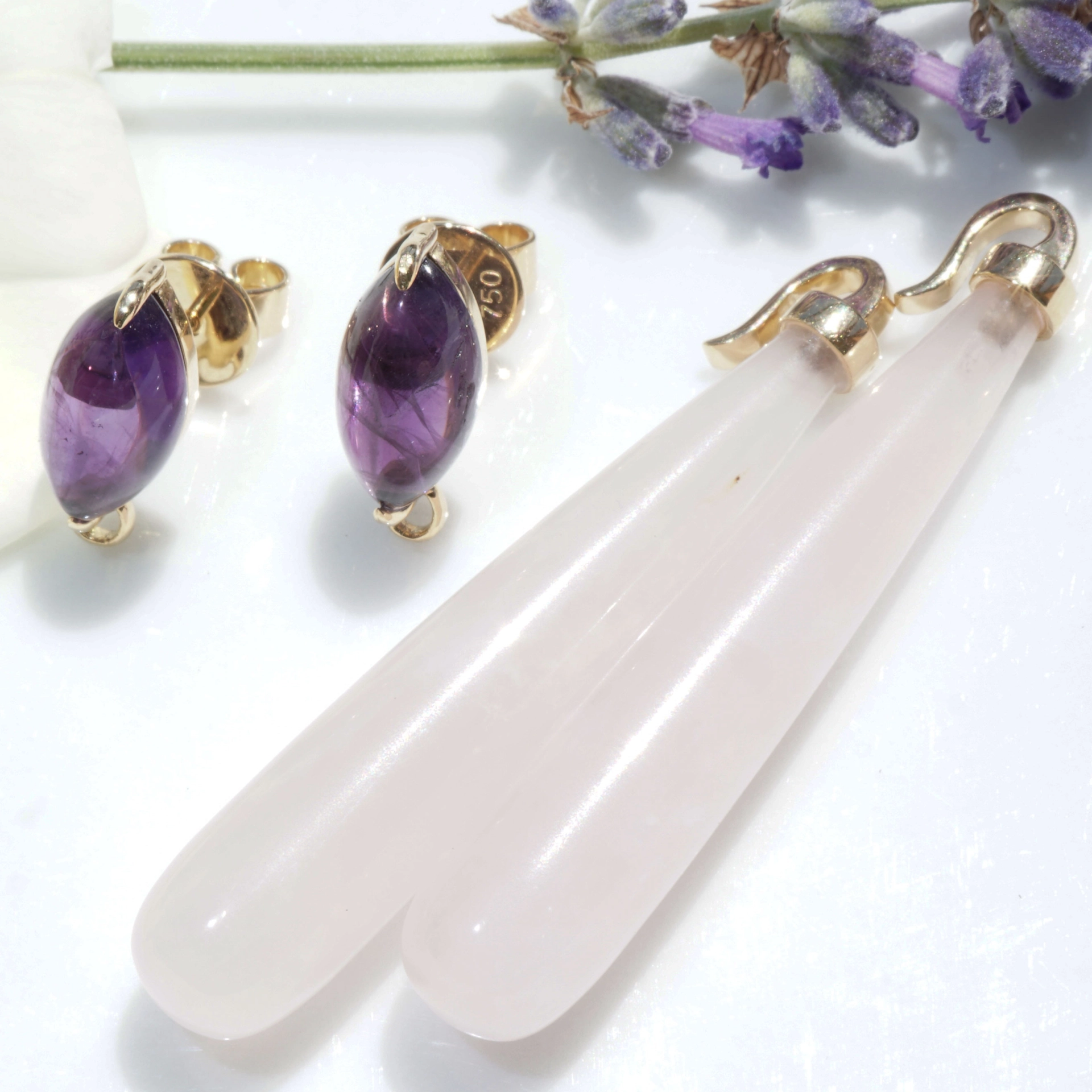 Rosenquarz Amethyst Ohrhänger 750er Gelbgold...pink-violette Versuchung...aushängbare Pampel