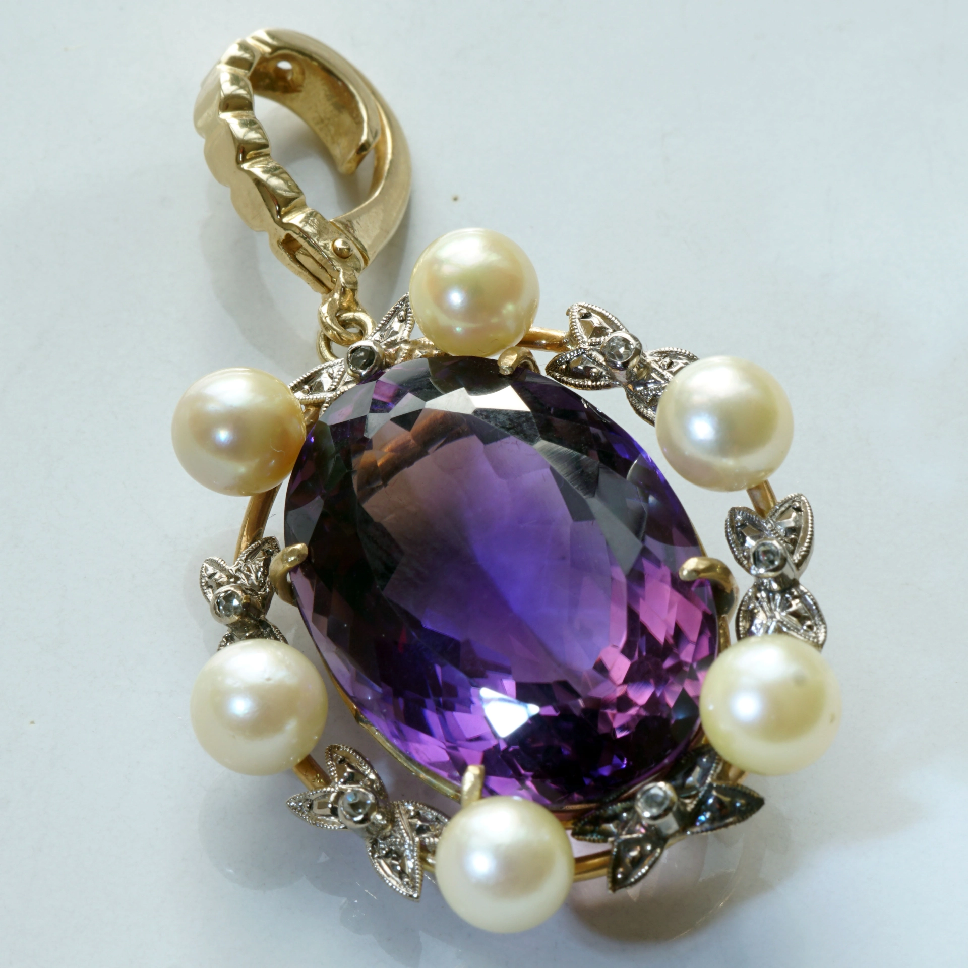 Akoya Zuchtperl Amethyst Diamant Anhänger Clip 585er Gelbgold Retro Stil TOP Amethyst