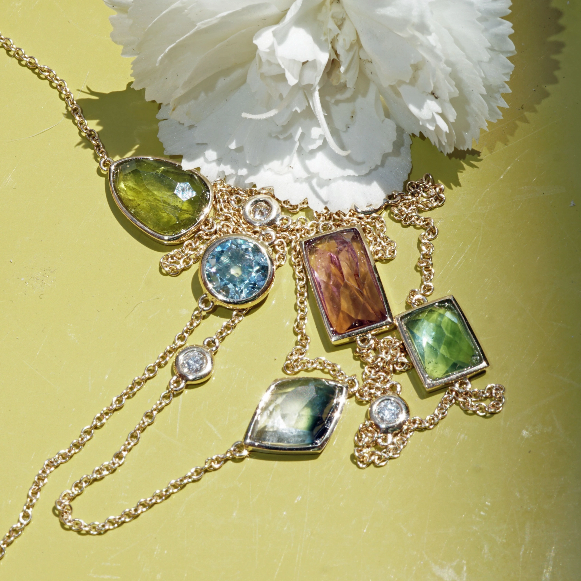 kette-turmalin-zirkon-brillant-gelbgold-SON02280 Turmalin Zirkon Brillant Collier 585er Gelbgold Confetti Style....9.50 ct und 0.20 ct TW VS