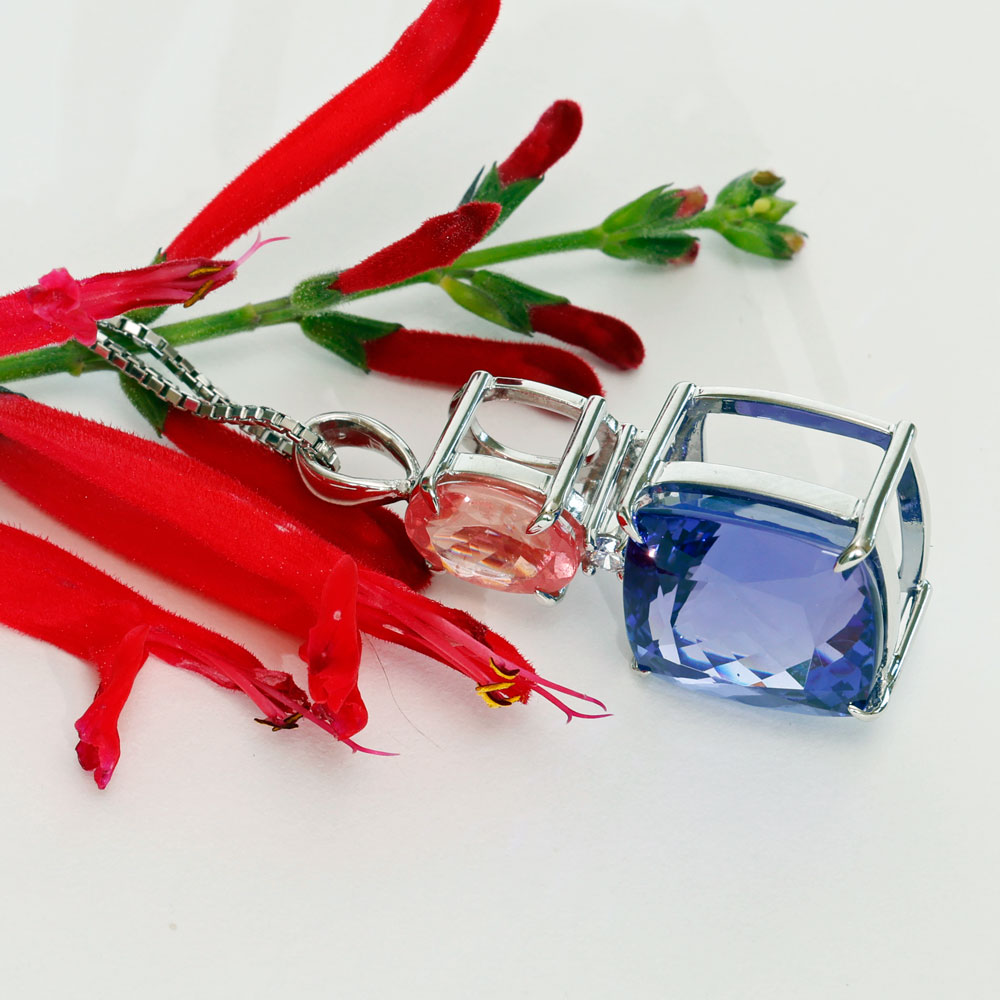 FARBENWUNDER Tansanit Rhodochrosit Anhänger m. Kette 10.6 und 1.84 ct AAA+ 900er Platin
