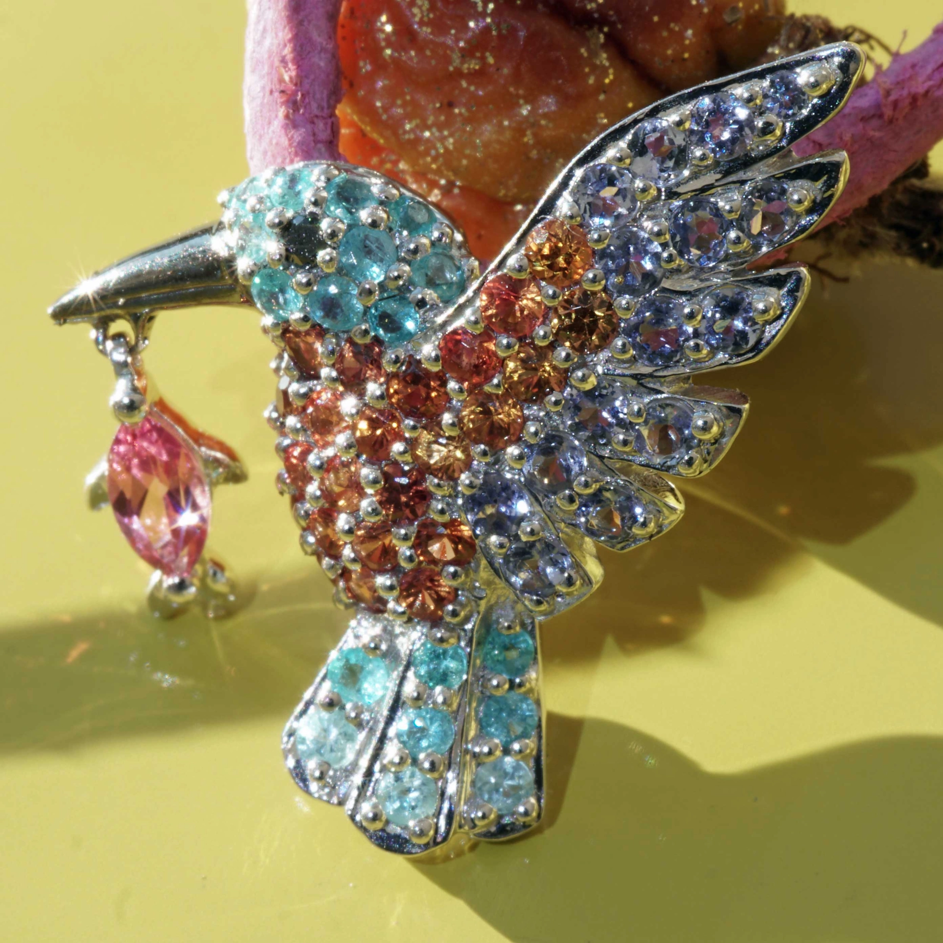 Eisvogel Anhänger 750er Weissgold Paraiba Turmalin Spinell ...der frühe Vogel fängt den Fisch