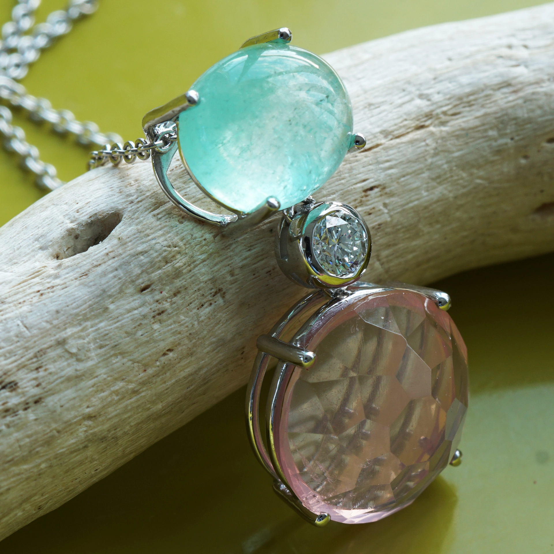 Smaragd Rosenquarz Brillant Anhänger mit Kette 750er Weissgold ...romantic story
