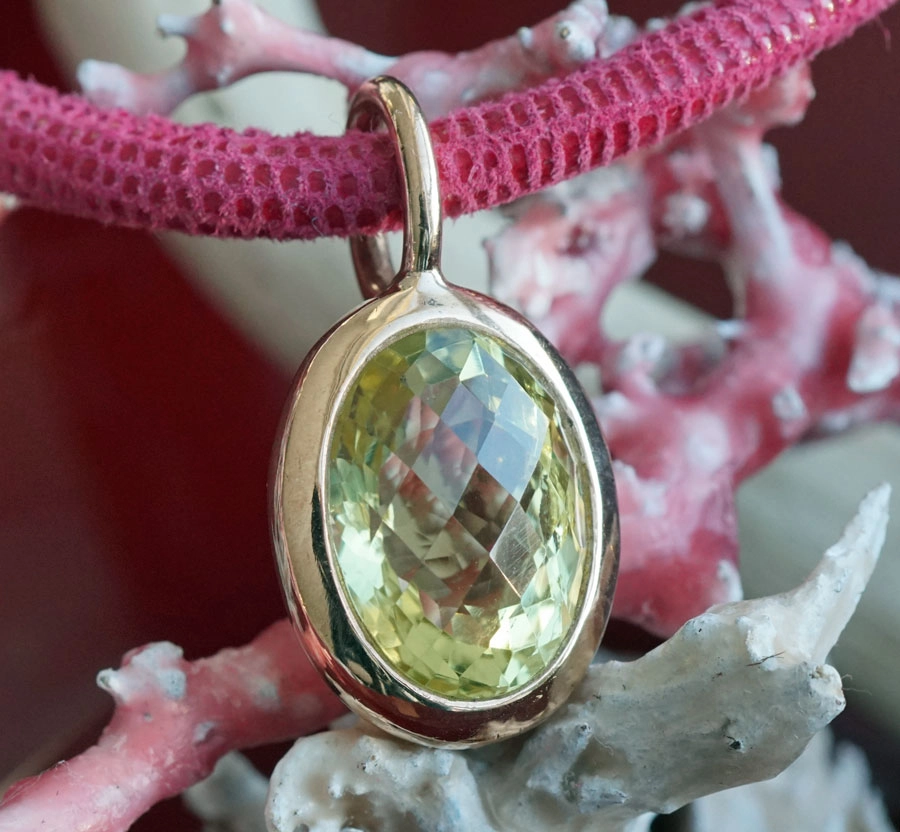 Lemoncitrin Anhänger 30 x 15,5 mm Qietschvergnügt  925er Silber rosevergoldet